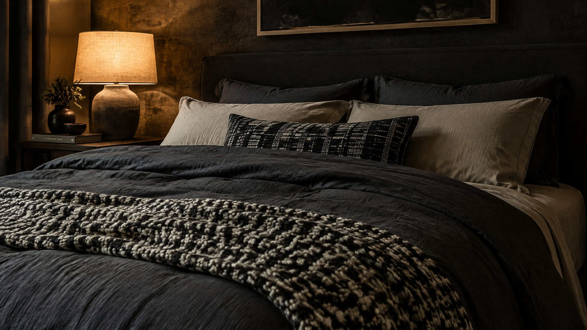 Modern Bachelor Bedroom Ideas: A Fully Specified Room Build With Dimensions and Prices 4 Performance bedding stack with charcoal duvet, chunky cotton blanket, and bamboo sheets