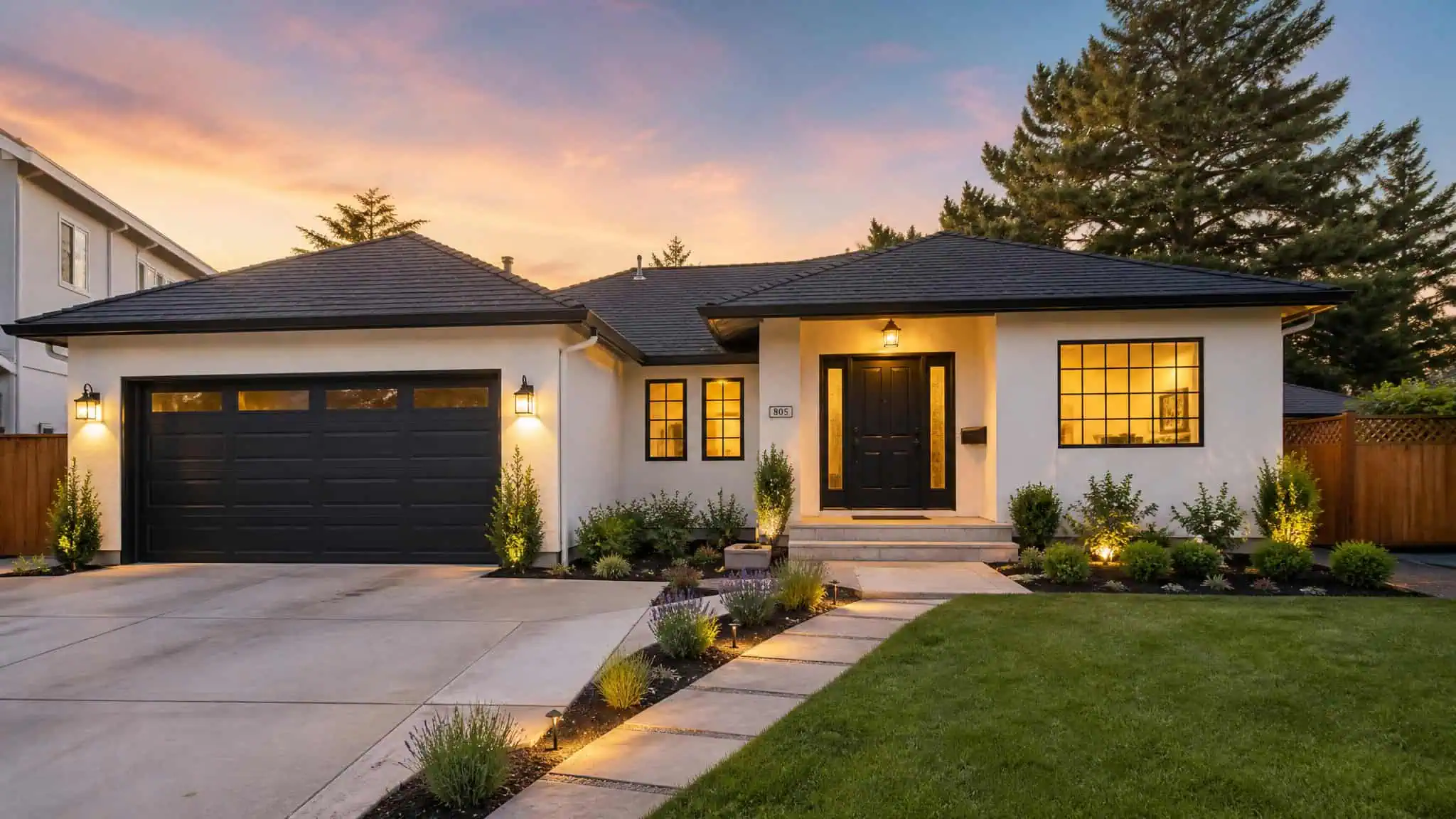 Contemporary single-story house with a well-maintained front yard, driveway, and warm exterior lighting at sunset, showcasing modern residential architecture.