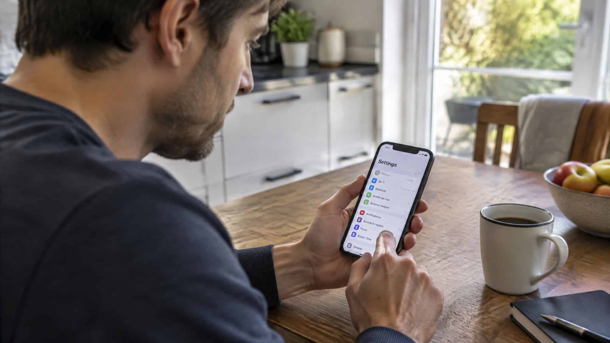 How to Use an eSIM for Travel on Android: Pixel & Galaxy Steps, Plus the Carrier-Lock Check Most Guides Skip 2 A man is sitting at a kitchen table, using a smartphone with a messaging app open, surrounded by a coffee mug, a bowl of apples, and a notepad.