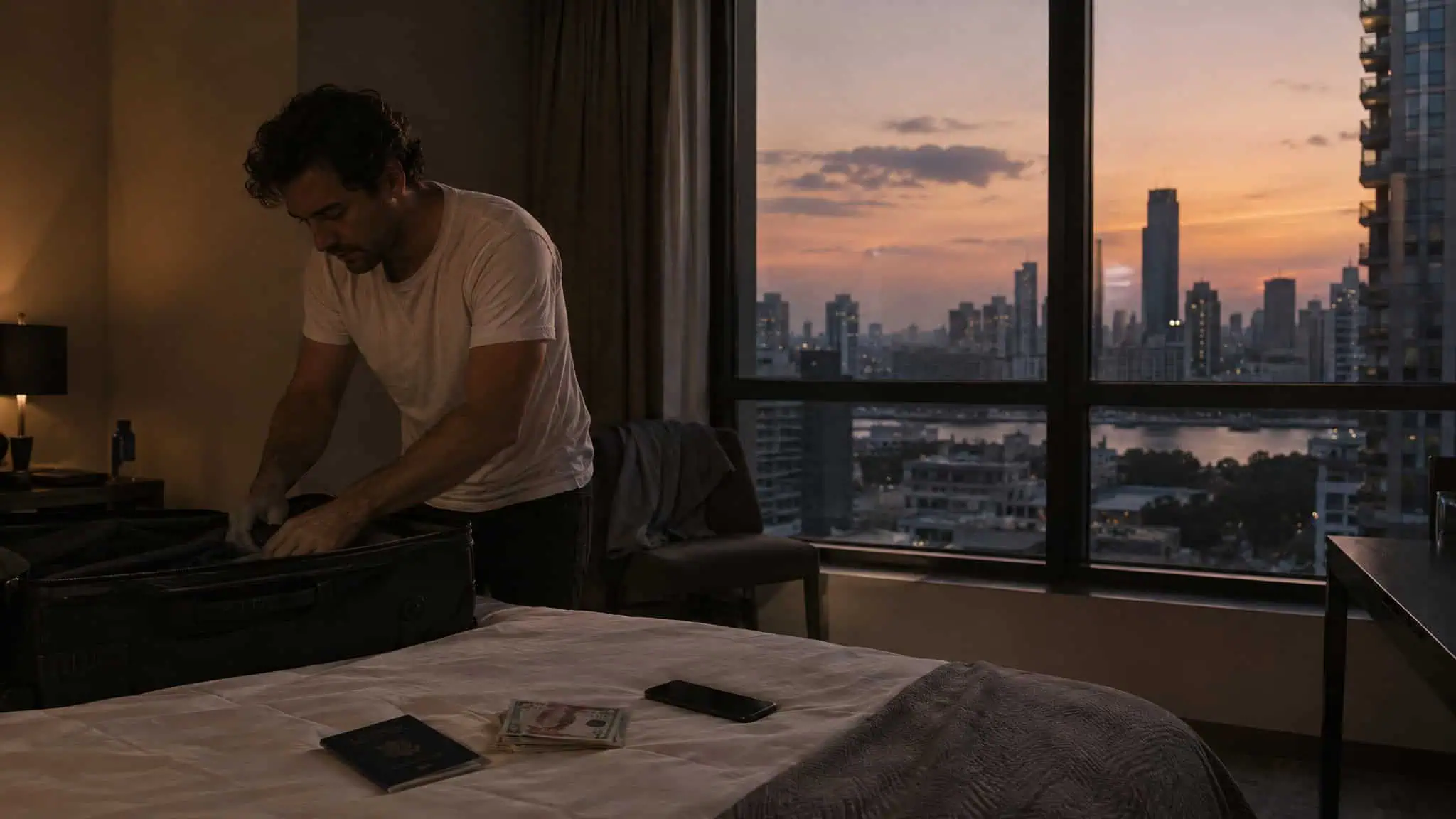 CIA vs FBI Which Pays More? The Answer Changes Mid-Career 3 Man packing a suitcase in a modern hotel room with city skyline view at sunset, emphasizing travel and lifestyle themes.