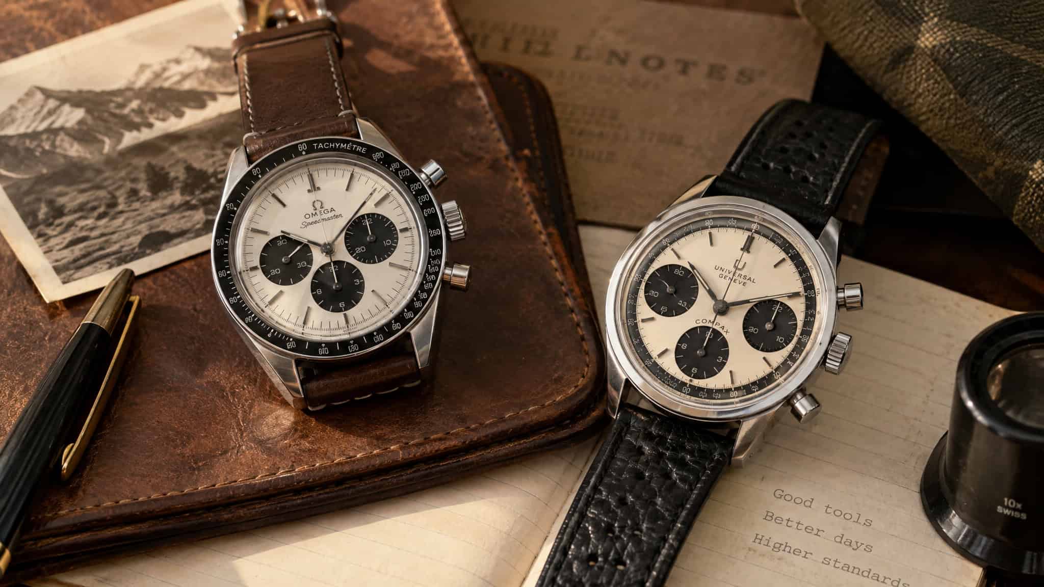 Classic steel chronograph watches with panda dials showing the movement ladder from quartz to in-house