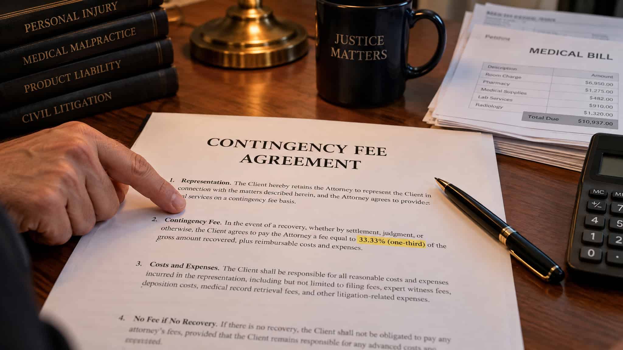 What Does a Personal Injury Lawyer Do? Inside the Job, From Investigation to Trial 4 Client reviewing contingency fee agreement showing 25 to 40 percent lawyer fee terms