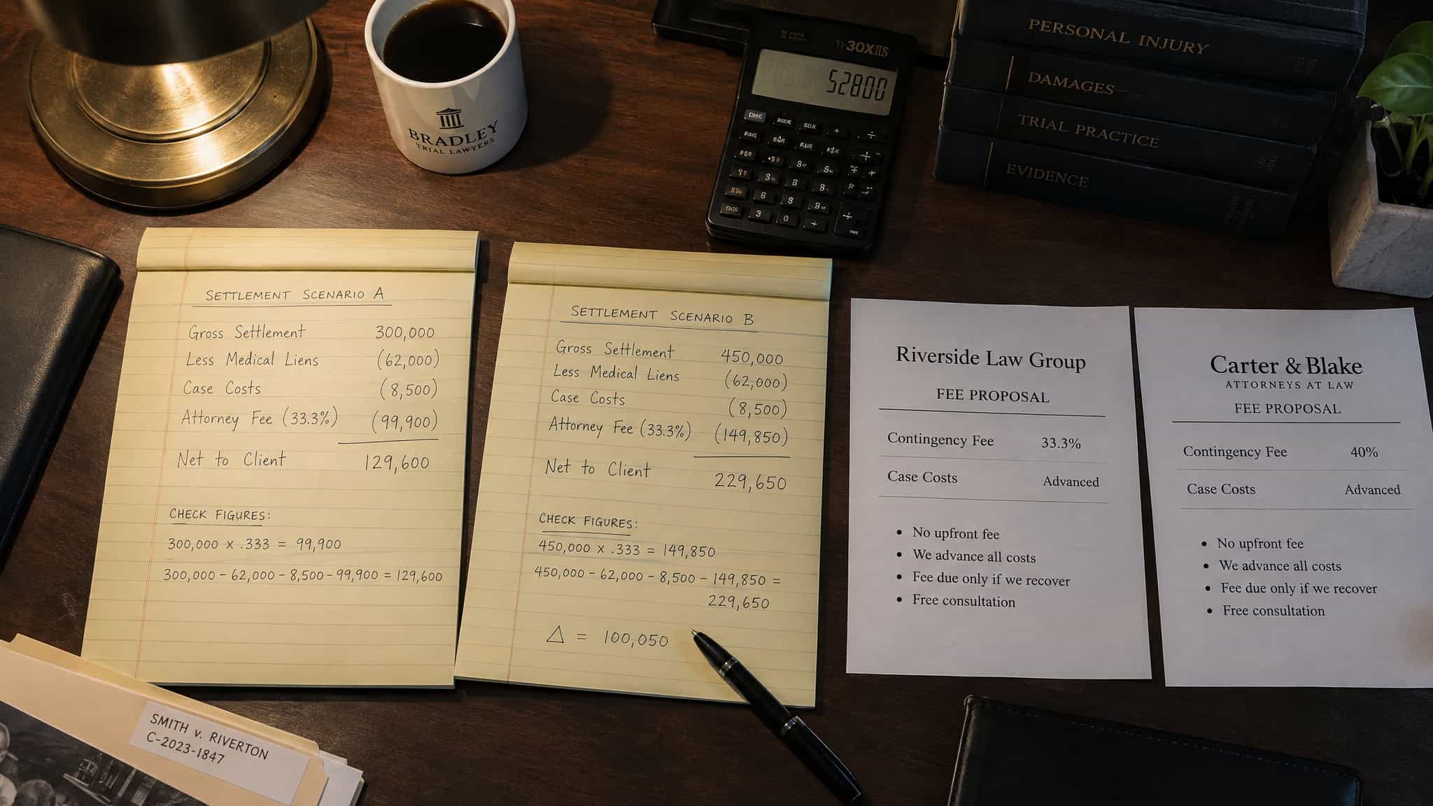 How to Choose a Personal Injury Lawyer in Your State: Why the Lowest Fee Percentage Can Cost You $8,750 4 Close-up of settlement and legal documents, calculator, and coffee on a wooden desk, indicating a professional business or legal review.