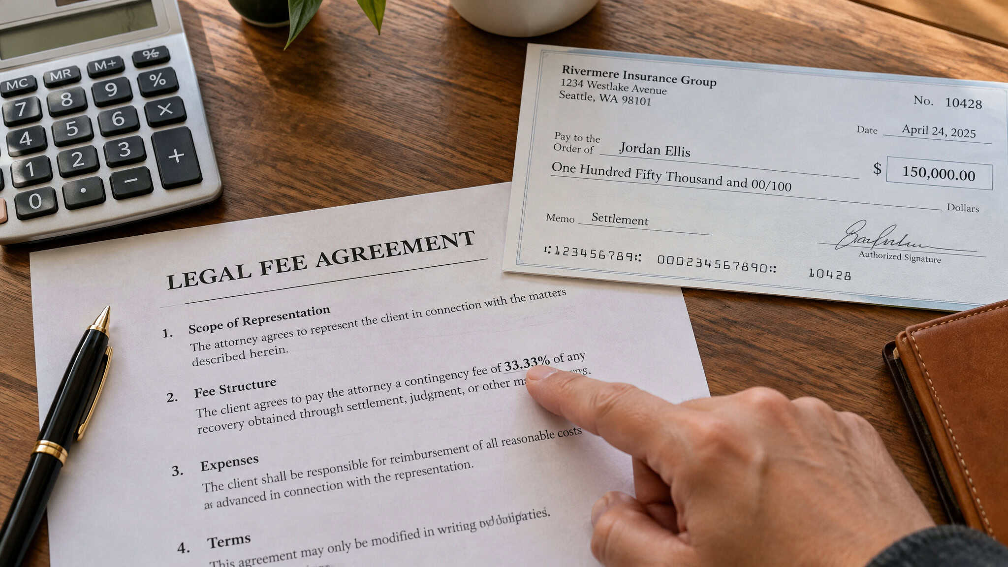 Personal Injury Lawyer Salary: What They Actually Earn, From $70K Associates to $550K Verdict Years 3 Contingency fee breakdown showing a personal injury lawyer taking 33 percent of a settlement