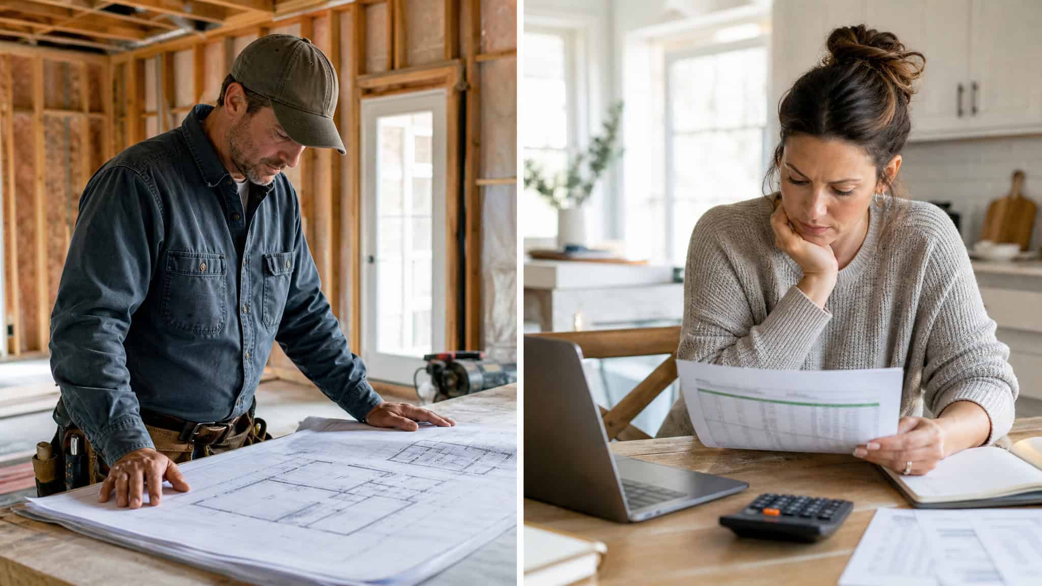 Contractor and homeowner reviewing renovation plans and budget, highlighting the importance of cost control.