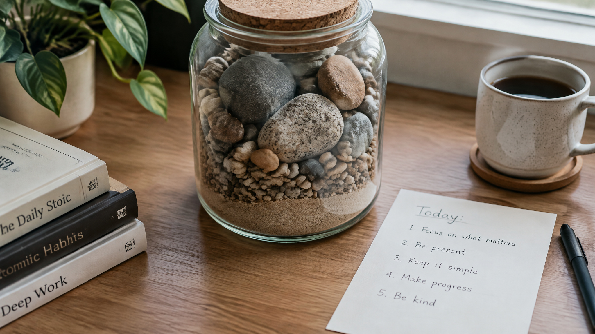 The Value of Discipline and Time Management: Why Motivation Fails and Systems Don't 2 Rocks and pebbles jar illustrating prioritization by subtraction and deciding what not to do