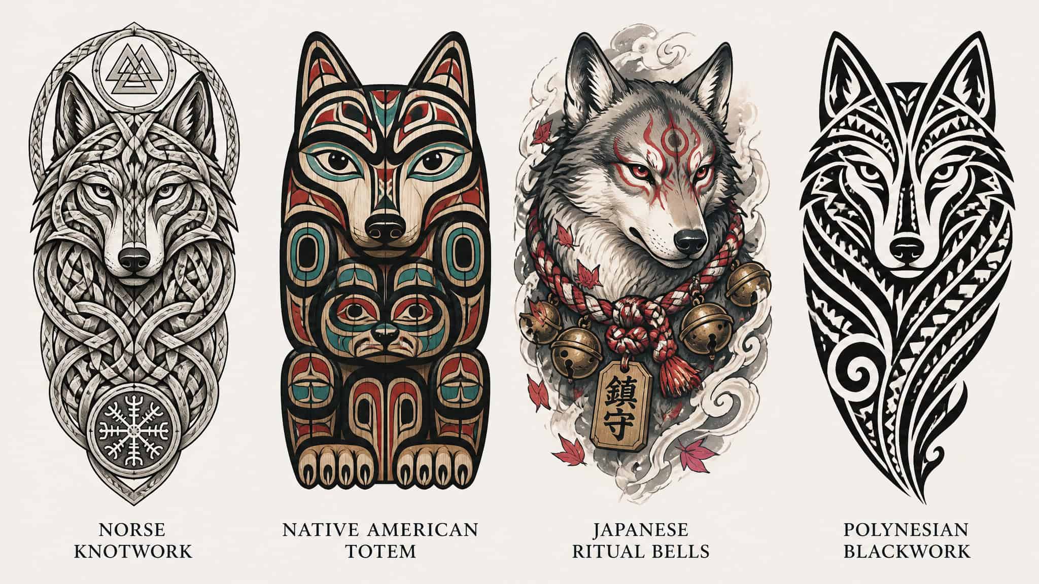 Wolf Tattoos with Meaning: 111 Designs and Who Each One Is Really For 114 Collection of four detailed animal tattoo designs including Norse wolf, Native American wolf, Japanese ritual bells wolf, and Polynesian blackwork wolf.