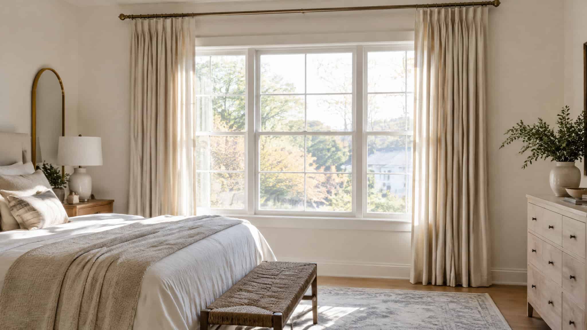 7 Golden Rules for Bedroom Design (With the Exact Measurements Pros Use) 3 Correct curtain geometry with rod mounted high and extended beyond the window frame