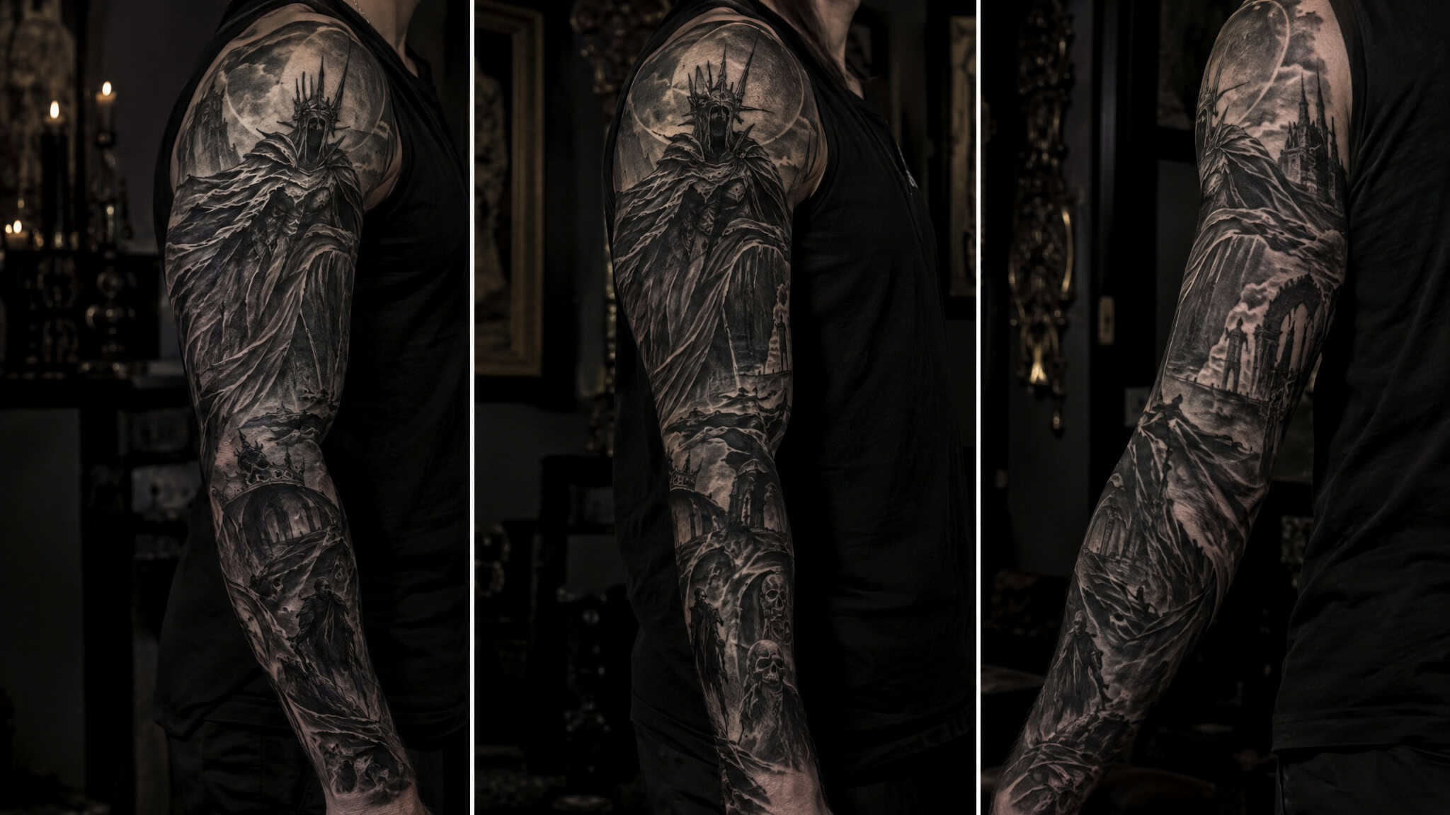 Black and grey full sleeve tattoo of a dark atmospheric boss character with heavy shading