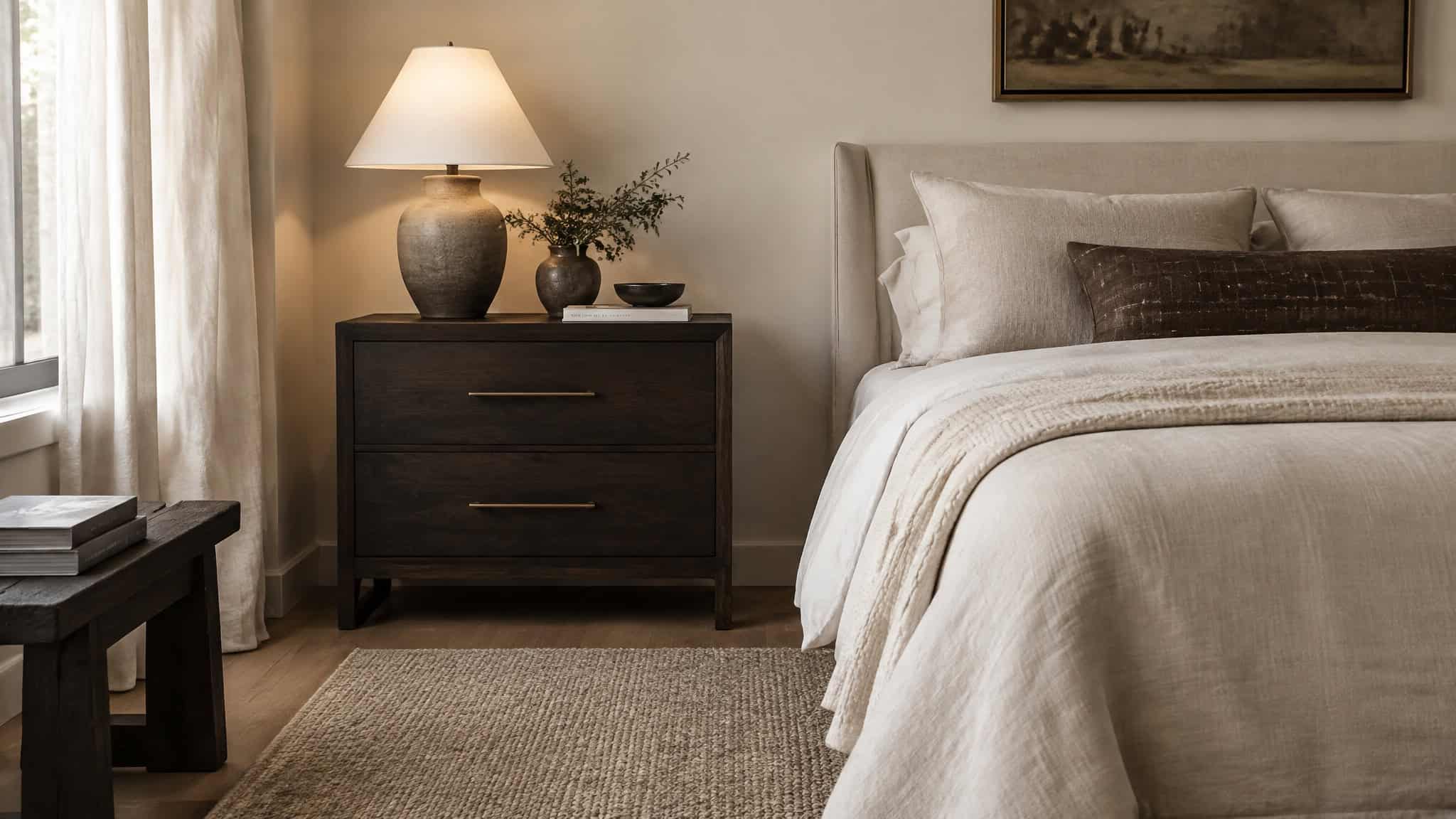 2026 Bedroom Trends: What to Adopt (and Skip) for a Room That Actually Sleeps Well 2 Dark walnut nightstand as a single statement piece balanced with light walls