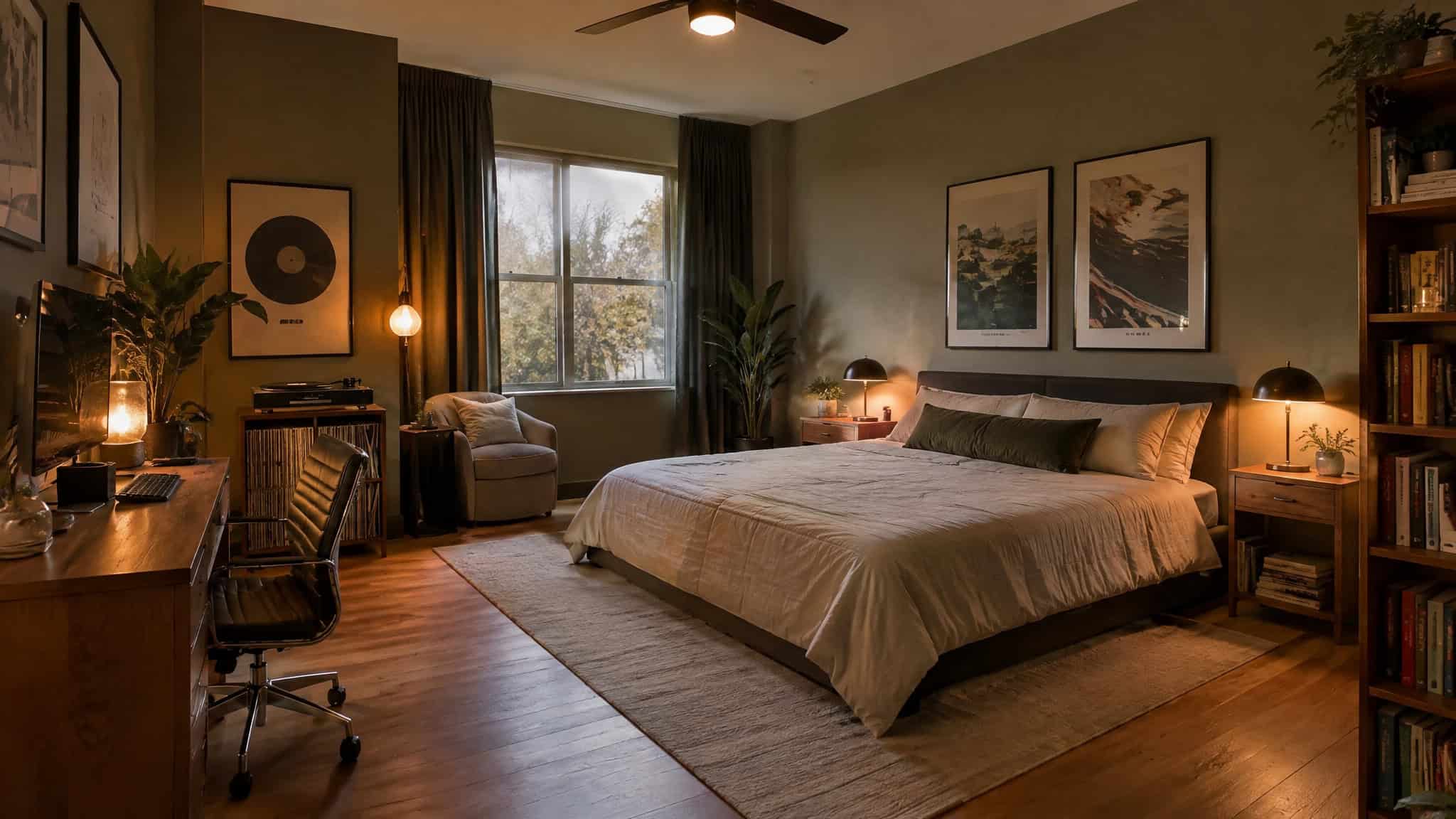 Decluttered 11x11 small bedroom with zoned layout, bed as focal point, and clear floor space