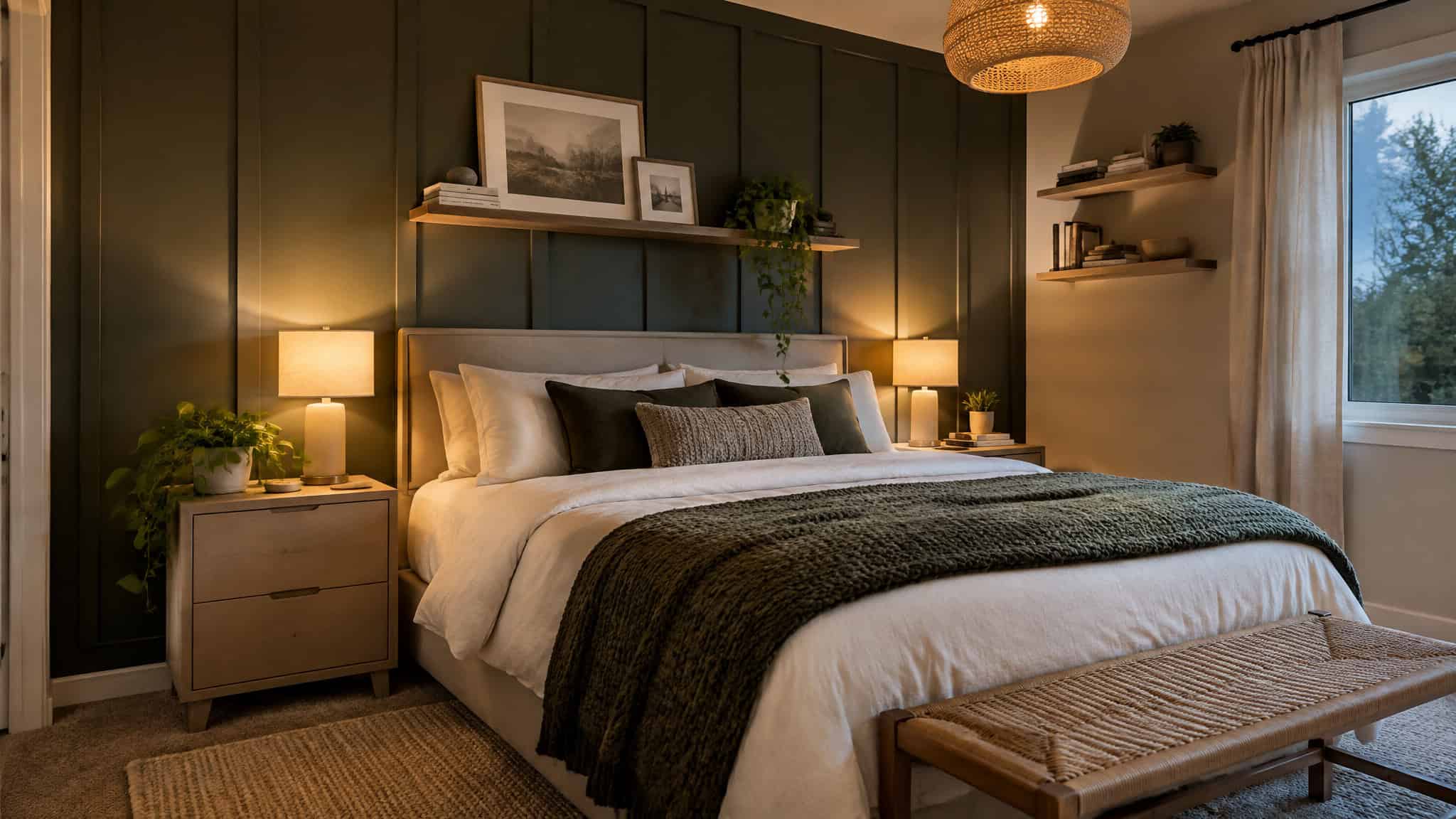 Bachelor Bedroom Ideas on a Budget: High-Impact, Low-Cost Upgrades That Look Intentional 4 Completed $250 DIY bedroom makeover with MDF accent wall and built bedside tables