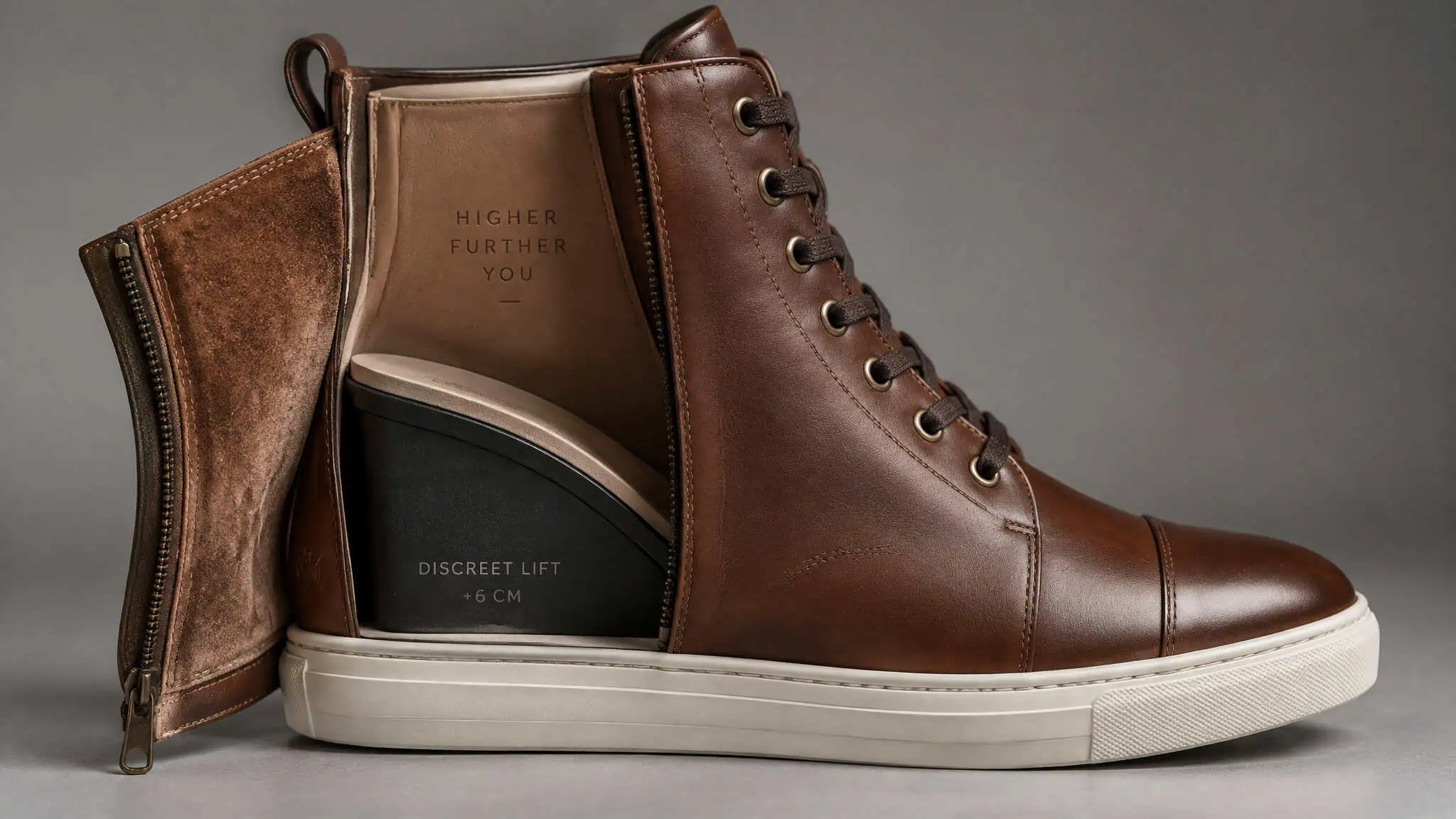 Shoes That Make You 2 Inches Taller: Lab-Measured Heel Stacks, Not Marketing Math 5 Close-up of brown leather high-top sneakers with side zipper and white rubber sole, showcasing premium craftsmanship and modern design.