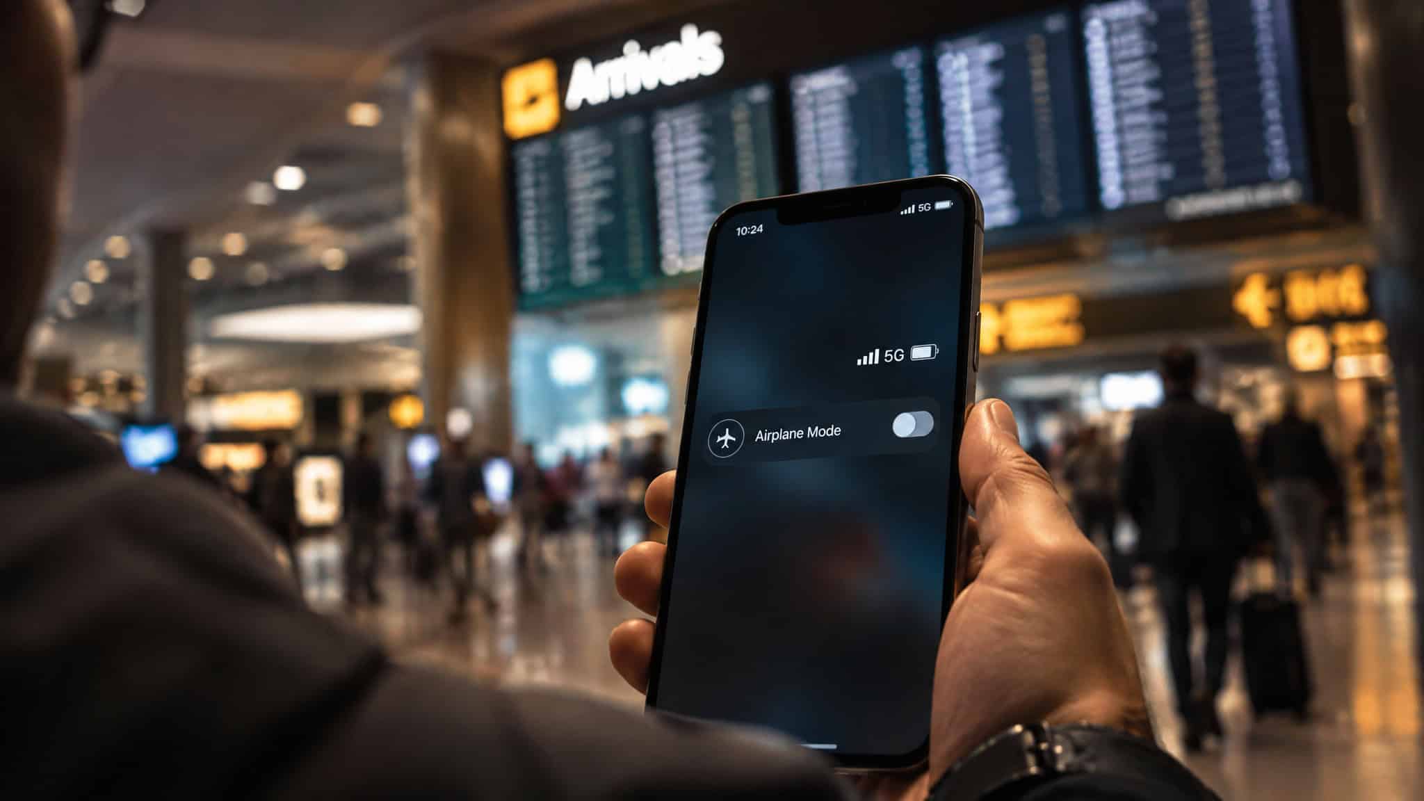 Should You Activate Your eSIM Before You Travel? Install at Home, Activate on Landing 3 Close-up of a person holding a smartphone in airplane mode at an airport terminal with flight information displays in the background.