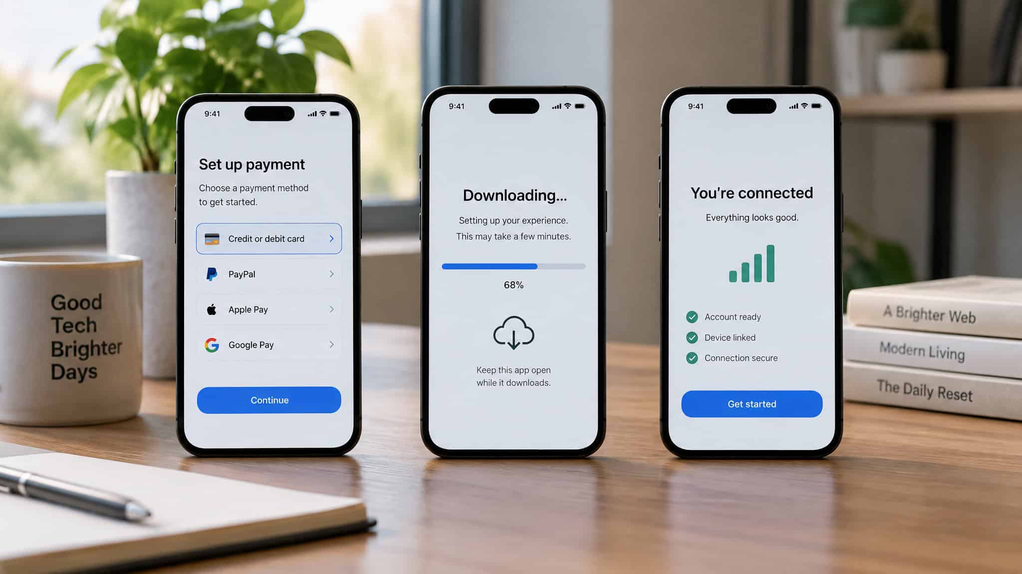 Should You Activate Your eSIM Before You Travel? Install at Home, Activate on Landing 2 Three smartphones displaying payment setup, downloading, and connection status screens on a wooden desk.