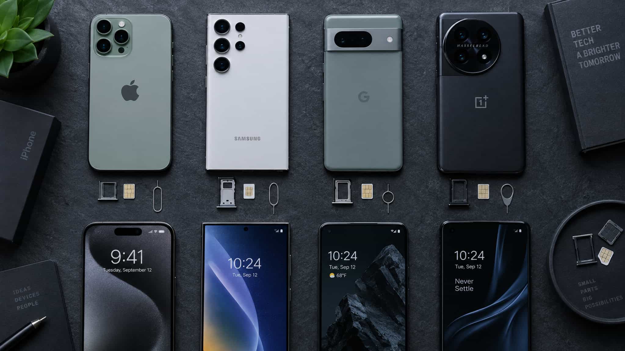 Should You Turn Off Your Primary Line When Using a Travel eSIM? No — Use These 3 Toggles 3 Collection of four modern flagship smartphones from Apple, Samsung, Google, and OnePlus showcasing advanced camera systems and sleek designs.