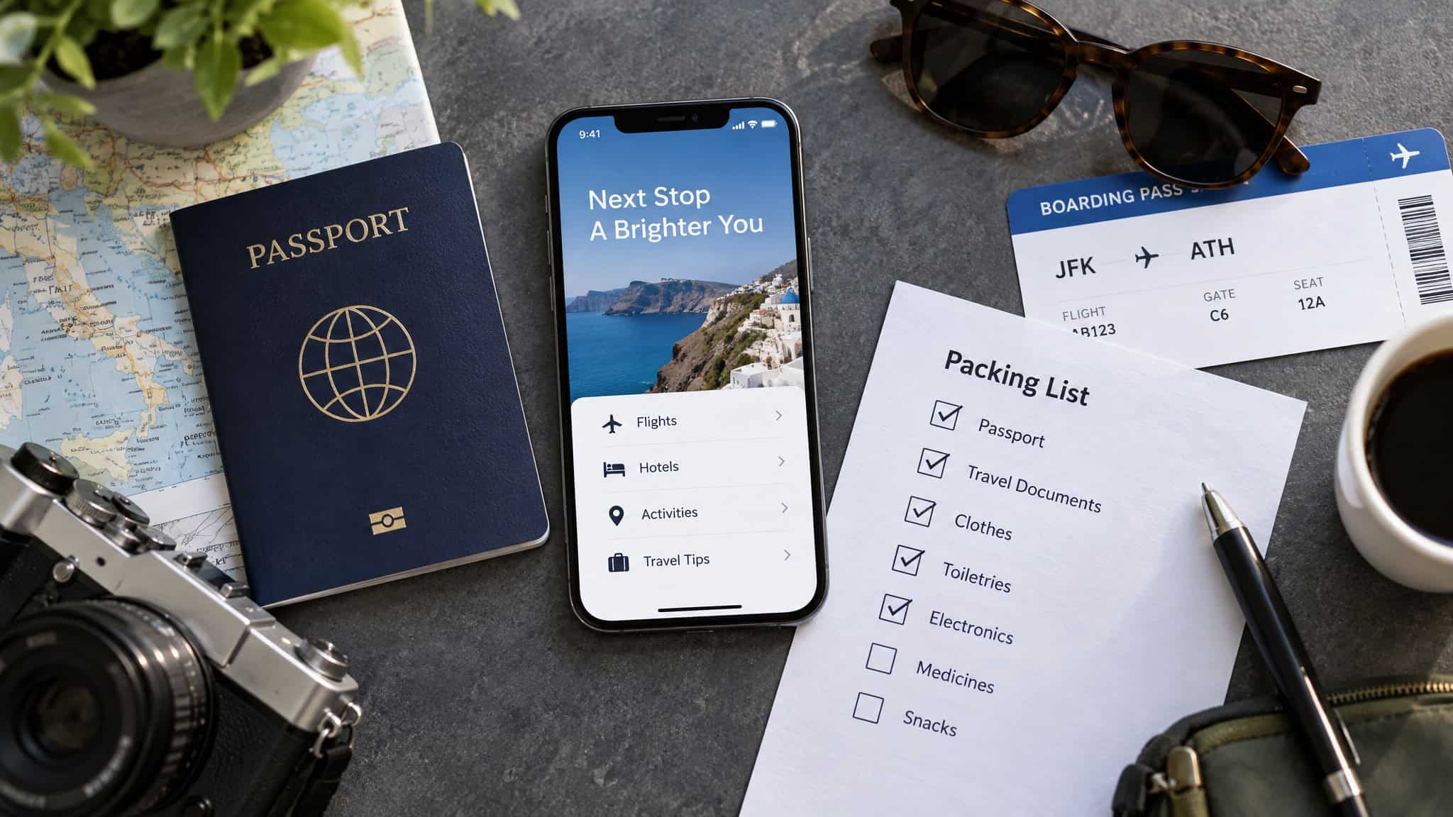 Should You Activate Your eSIM Before You Travel? Install at Home, Activate on Landing 4 Travel essentials including passport, boarding passes, packing list, and smartphone on a travel desk.