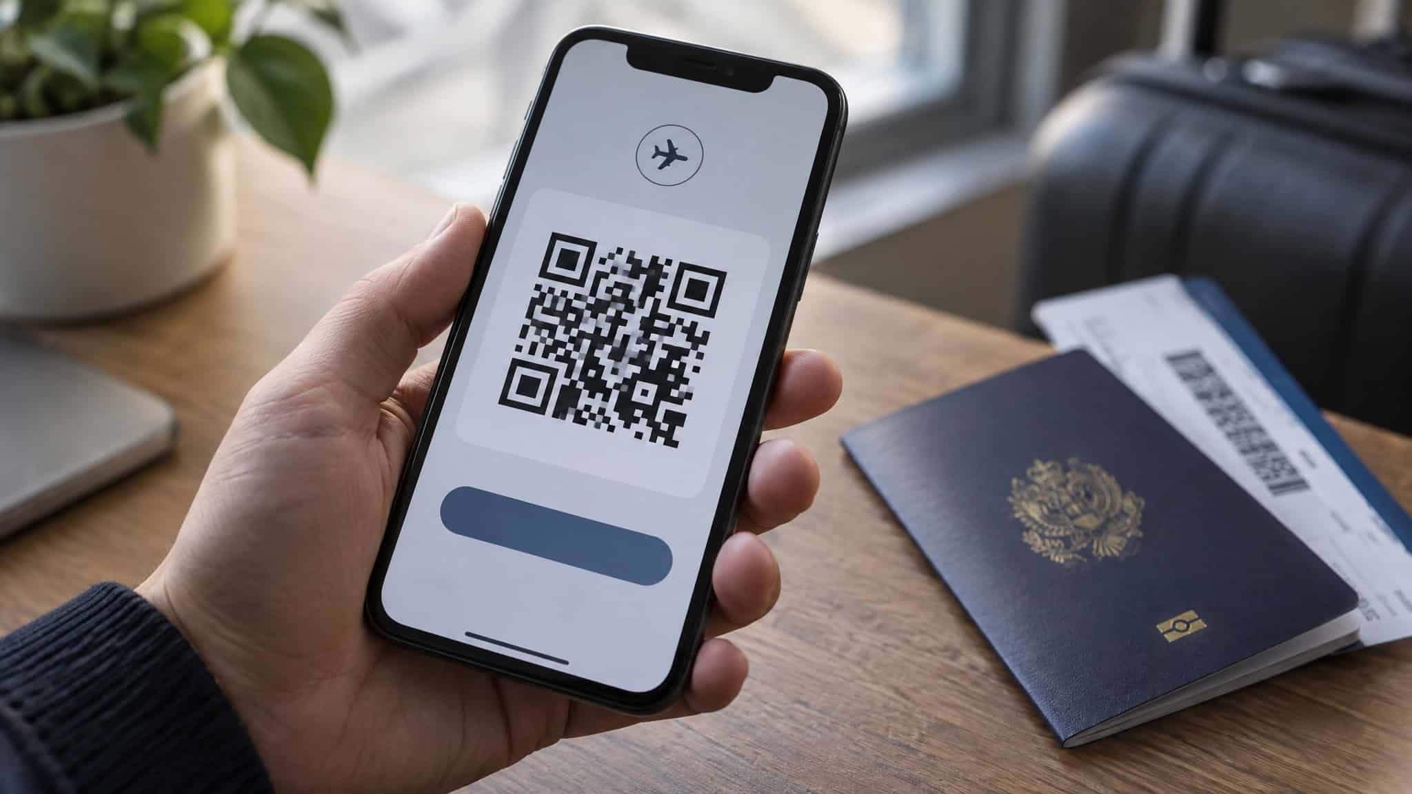 Is eSIM Good for International Travel? Pros and Cons After 3 Years of Testing 2 Person holding a smartphone displaying a QR code, with a passport and boarding pass on a wooden table, indicating travel and digital check-in.