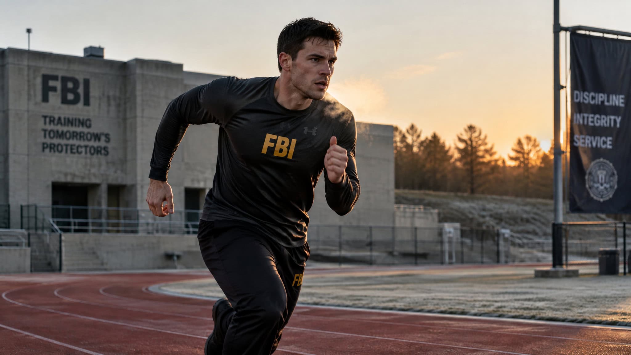 CIA vs FBI Which Pays More? The Answer Changes Mid-Career 4 FBI agent in black athletic gear running on a track during sunset, with FBI signage and a training facility in the background, emphasizing law enforcement training and physical fitness.