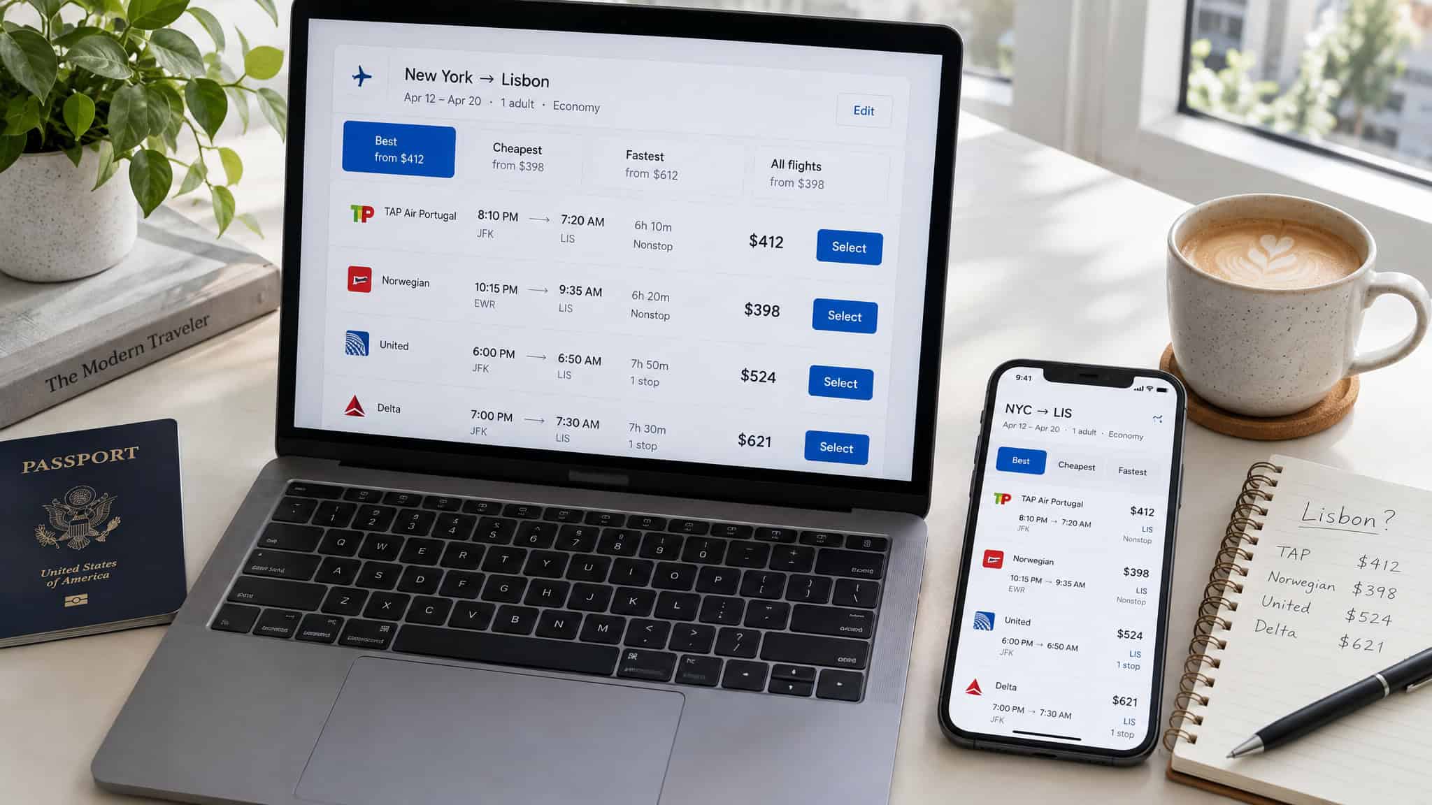 Comparing flight booking websites like Google Flights and Skyscanner on laptop and phone