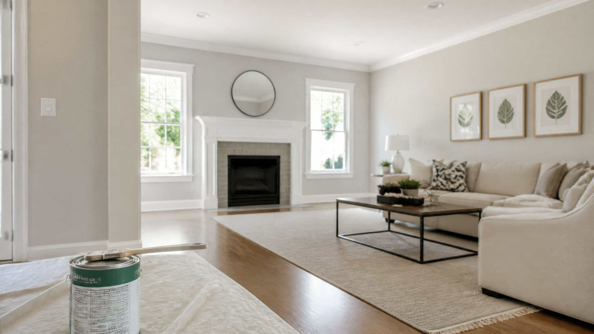 Cheap Upgrades to Increase Home Value: 268% ROI on a Garage Door 2 Freshly painted living room in light neutral tones with paint supplies