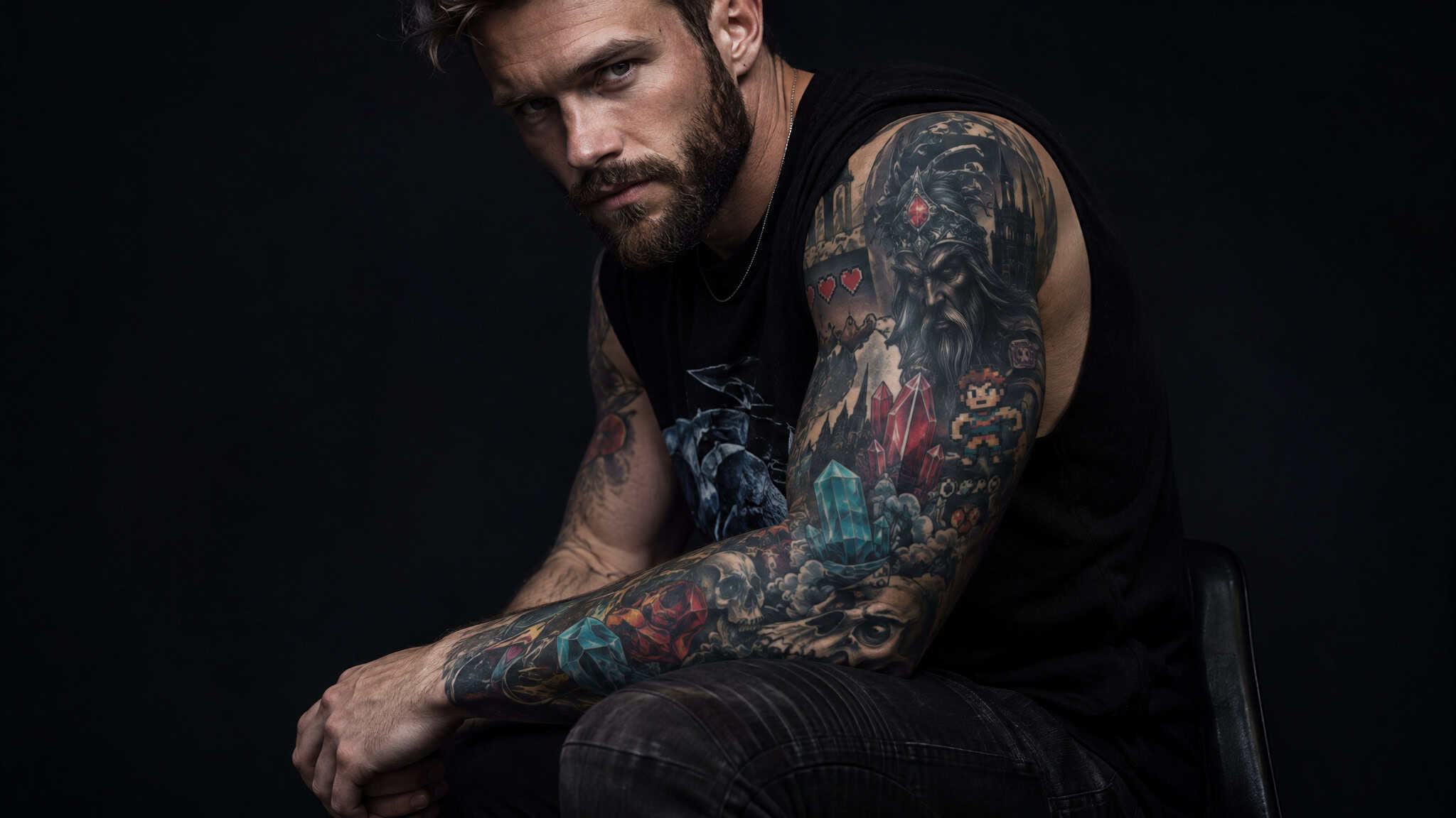 Full gaming tattoo sleeve covering a man's arm with cohesive video game themed ink