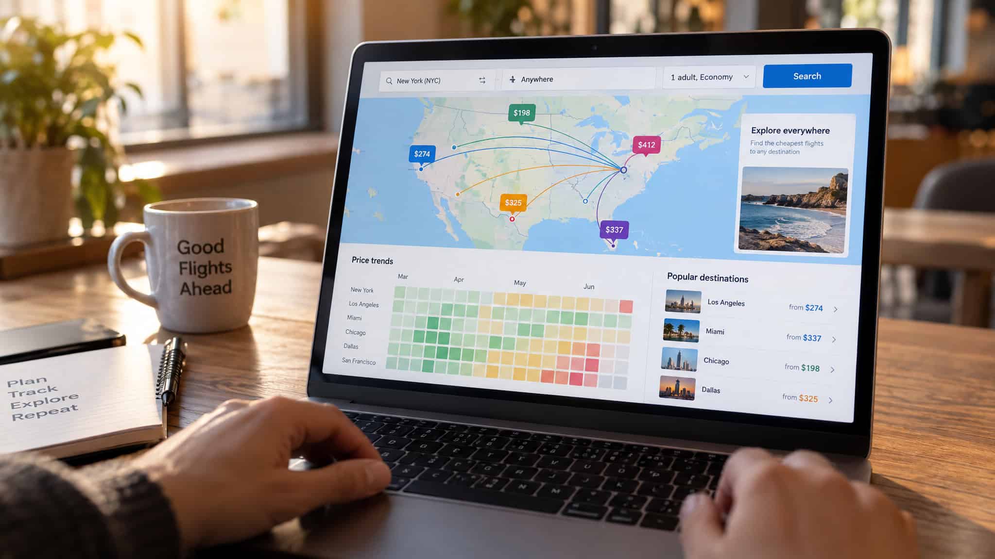 Best Travel Hacks: 20+ Tested Tips From 20 Years of Frequent Travel (and 4 That Don't Work) 2 Laptop displaying a travel planning and flight booking dashboard with a world map, price trends, and popular destinations, on a wooden table in a cozy cafe.