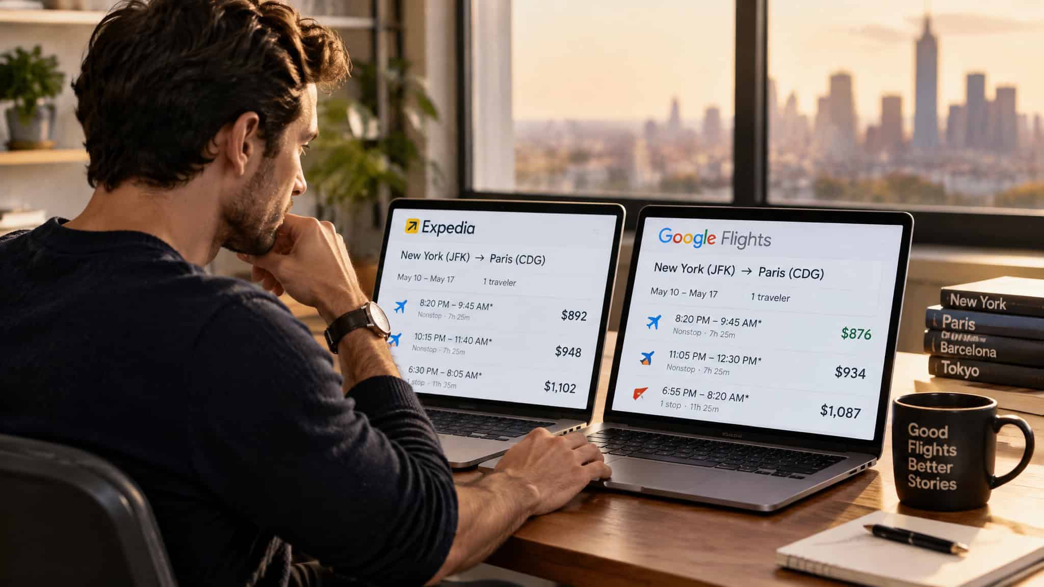Traveler comparing Google Flights and Skyscanner on two laptops to find the cheapest flight