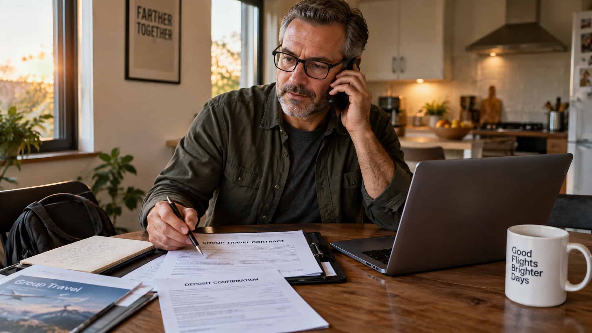 Airline Group Booking Rules: When and How to Book 10+ Passengers Together 2 Group lead on phone with airline group desk reviewing contract and deposit paperwork