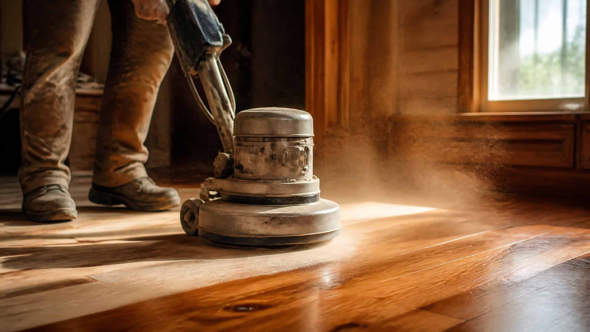 Best Home Improvements for Comfort That Pay You Back 4 Craftsman sanding and refinishing a hardwood floor in a sunlit room