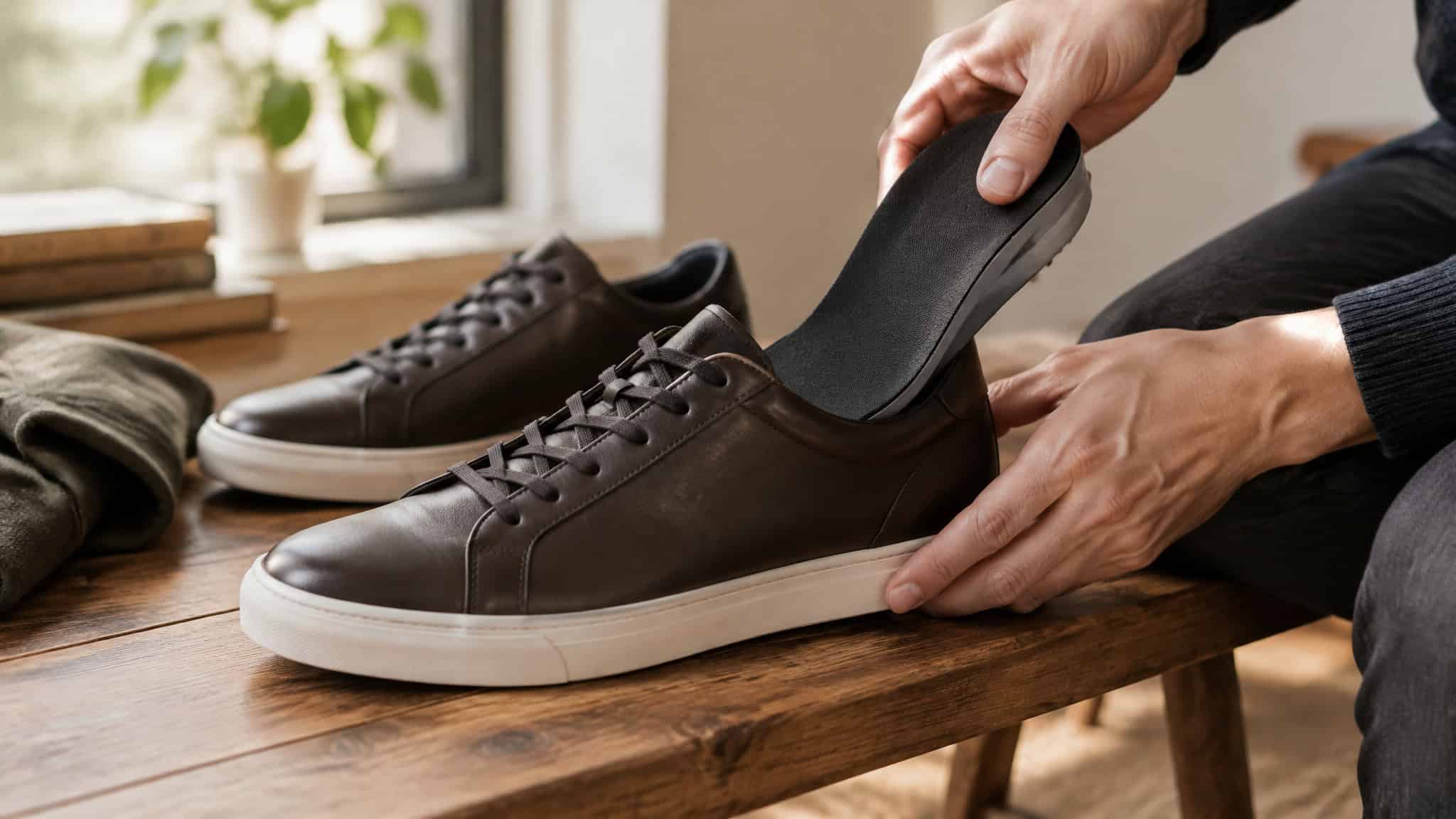 How Can I Get 2 Inches Taller? The 3-Pathway Answer, From Posture Drills to Insoles 2 Close-up of a person inserting an insole into a stylish brown leather sneaker on a wooden table.
