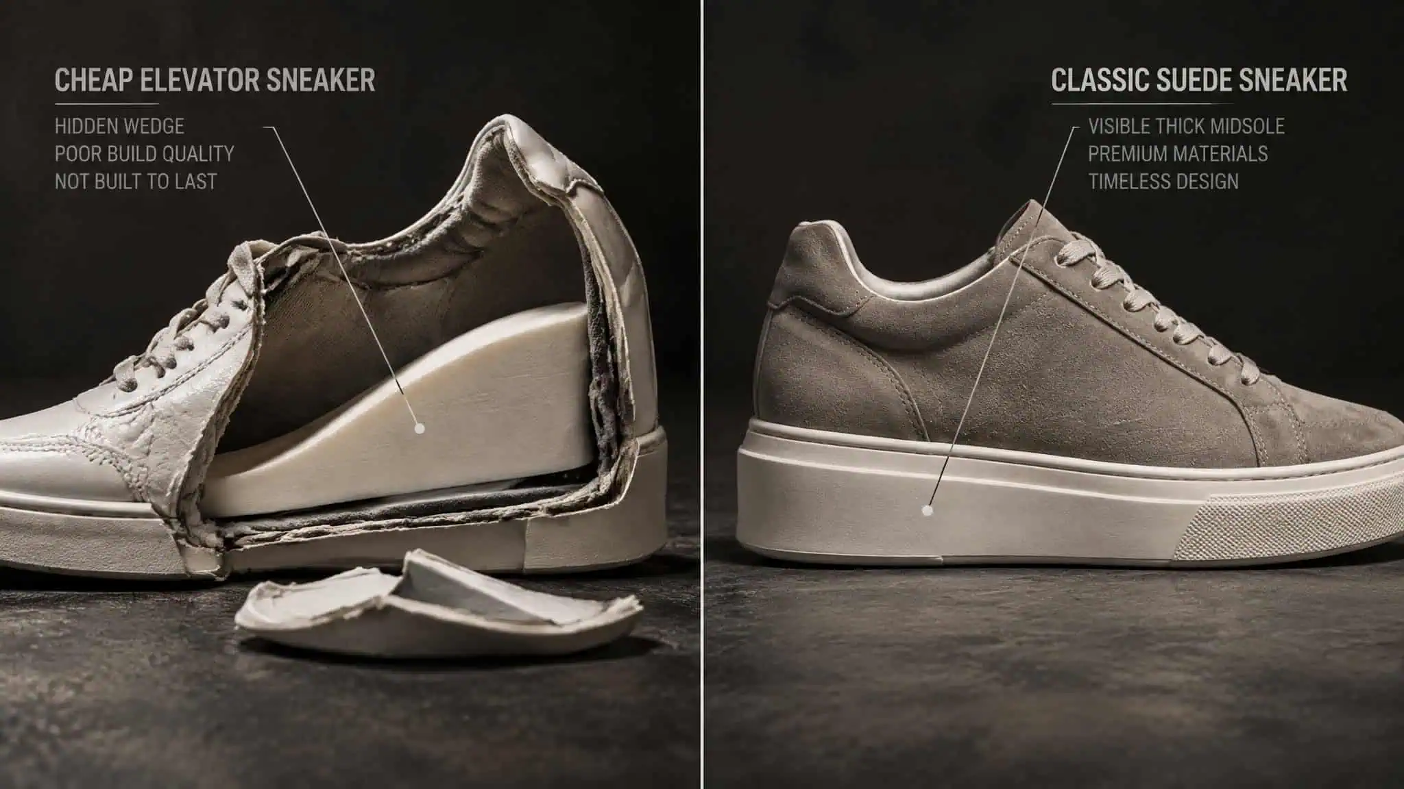 Sneakers That Make You Taller: 7 Lab-Tested Picks Ranked by Measured Stack Height 4 Side-by-side comparison of a damaged cheap elevator sneaker and a pristine classic suede sneaker, highlighting differences in build quality and design.