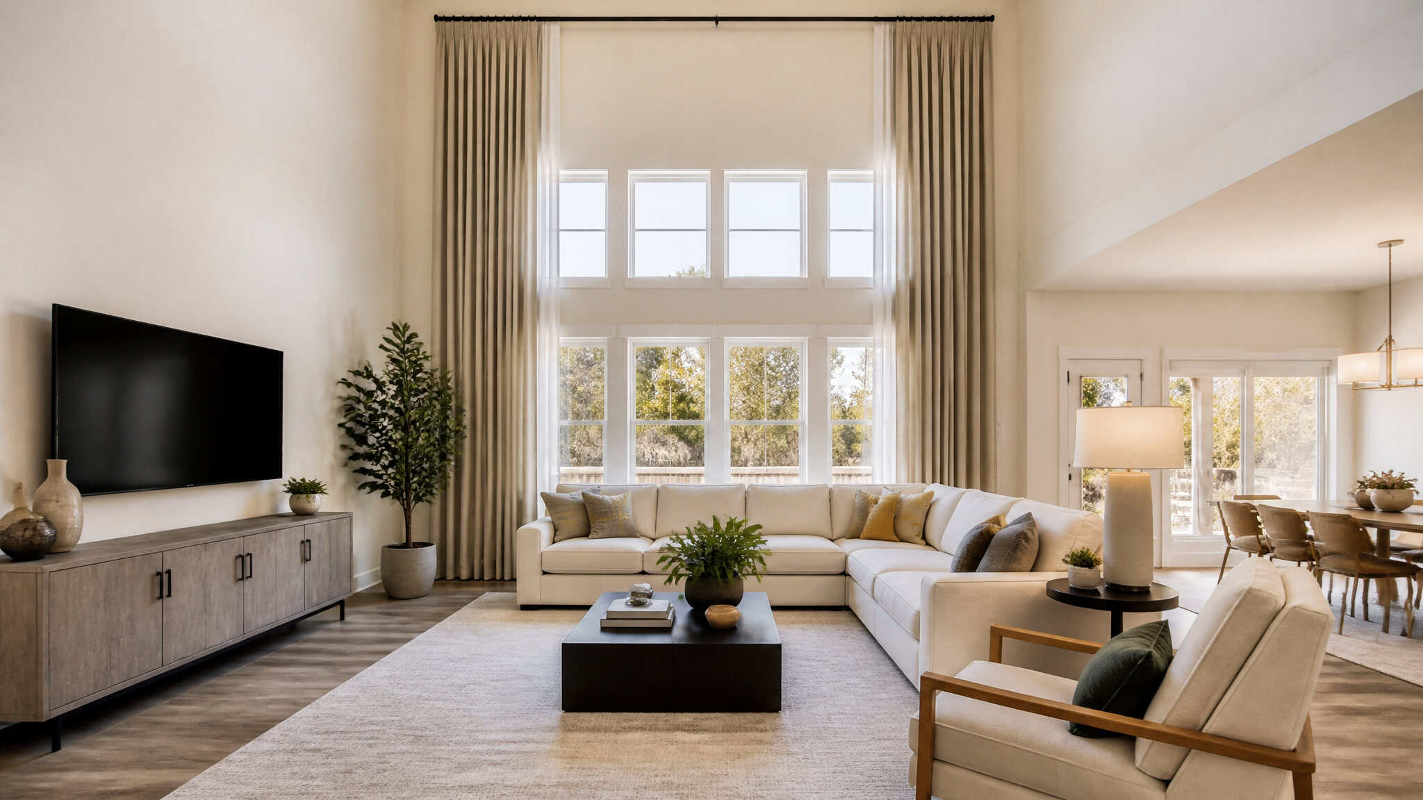 Cheap Upgrades to Increase Home Value: 268% ROI on a Garage Door 5 Living room with floor-length curtains hung high and wide