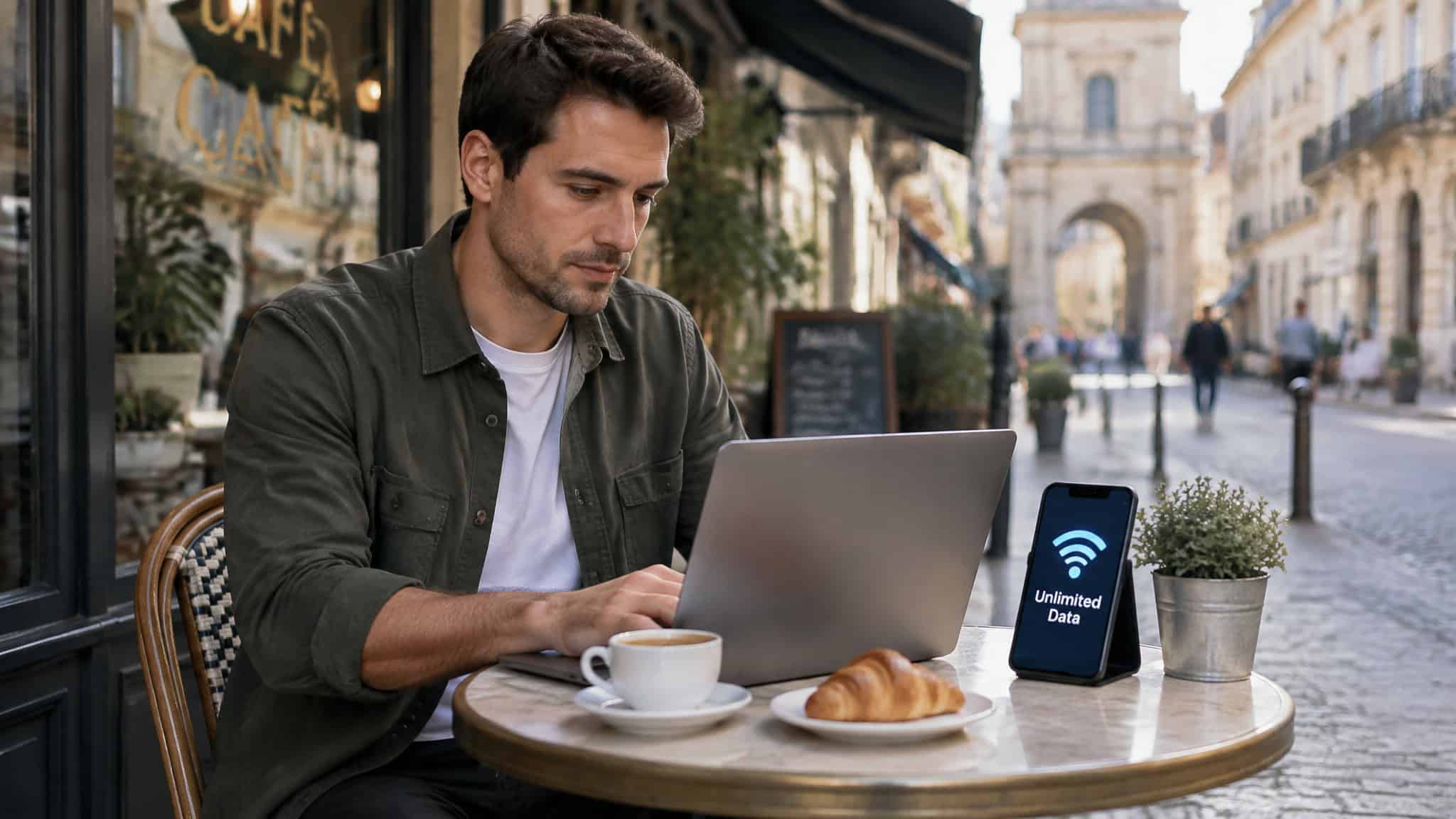Best eSIM Providers for International Travel: Same-Plan Prices From $12.50 to $75 2 Remote worker using laptop tethered to a Holafly flexible unlimited eSIM data plan abroad