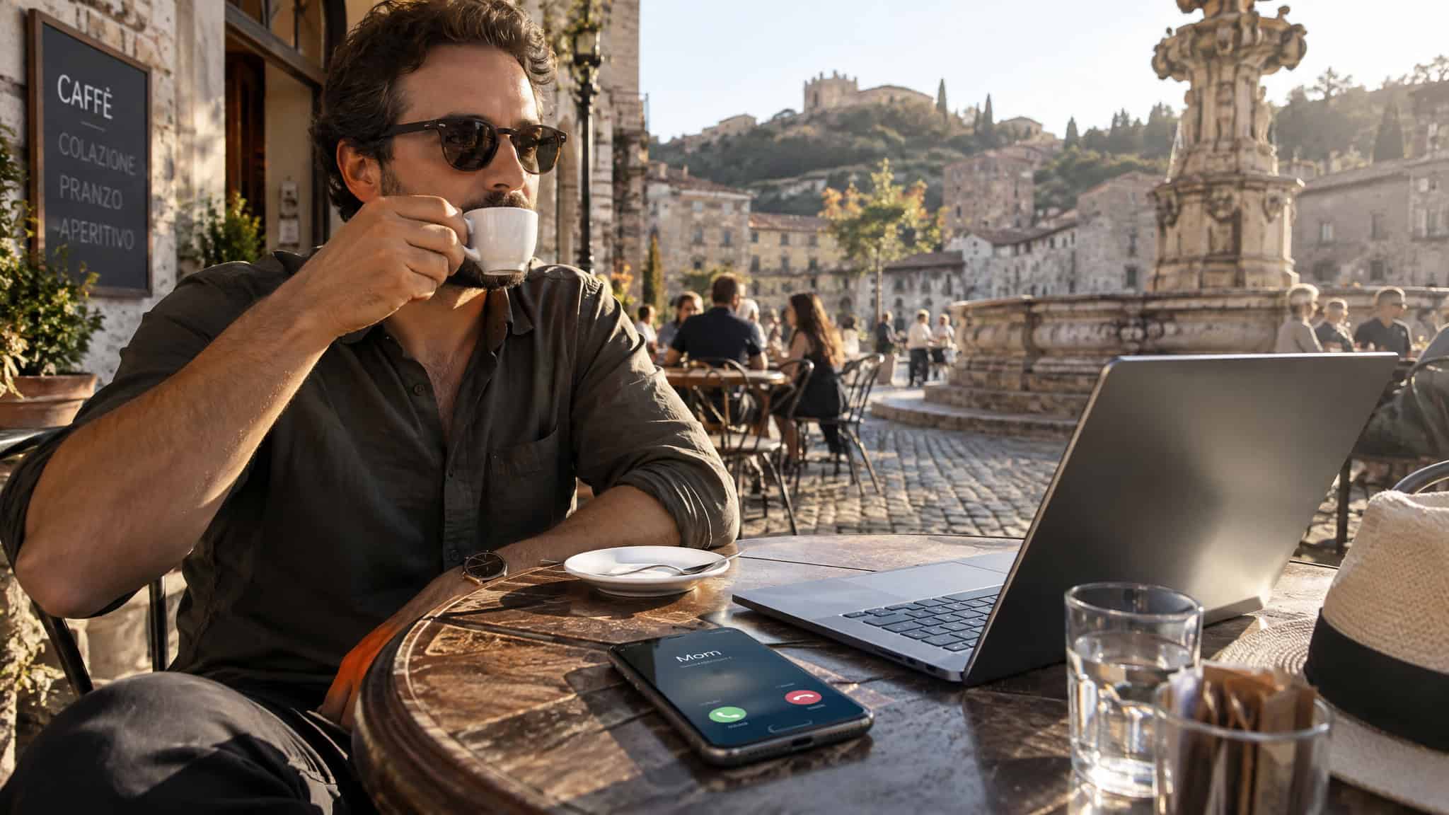 How to Use an eSIM on iPhone for International Travel (and the Toggle That Stops Surprise Roaming Bills) 4 Man with sunglasses drinking coffee at an outdoor cafe with historic architecture in the background.