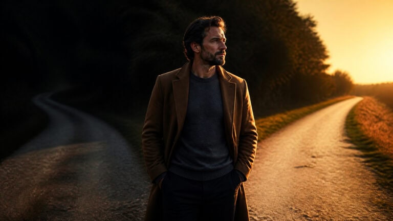 A man with dark hair and beard, wearing a brown coat and dark sweater, walking along a rural dirt road at sunset, with trees on both sides and a warm, golden sky.