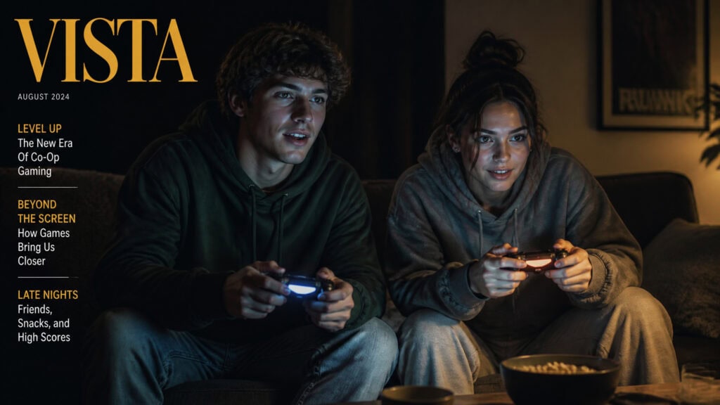 Two young adults, a man and a woman, intensely playing video games together in a dimly lit room, showcasing gaming culture and social interaction.