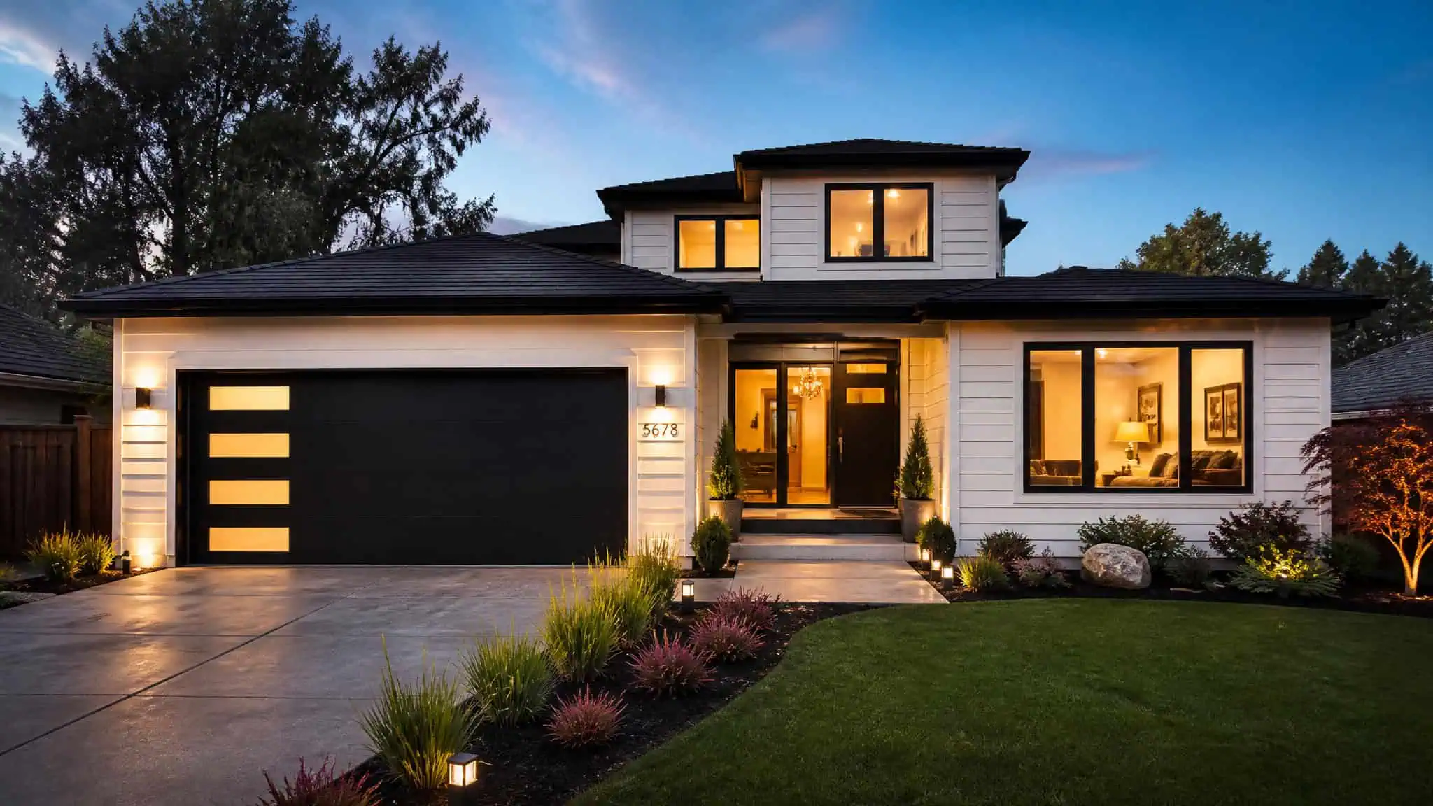 Elegant modern house with a black garage door, large windows, and a landscaped front yard during dusk.