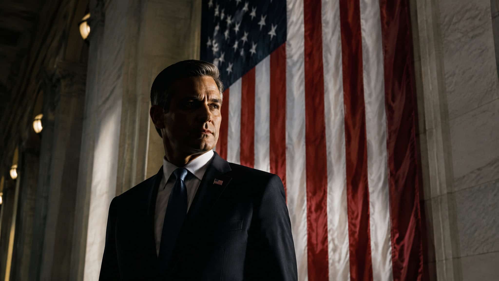 A well-dressed man in a dark suit standing in front of an American flag inside a grand building, exuding confidence and professionalism.
