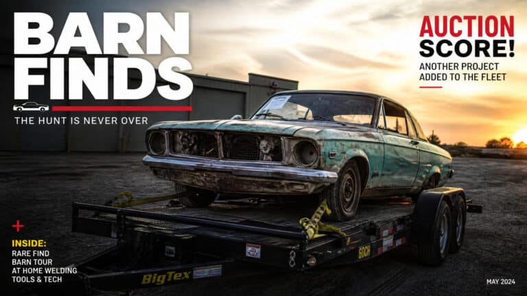 Old, rusty vintage car on a trailer at sunset, ready for auction or restoration, emphasizing classic car hunting and restoration.