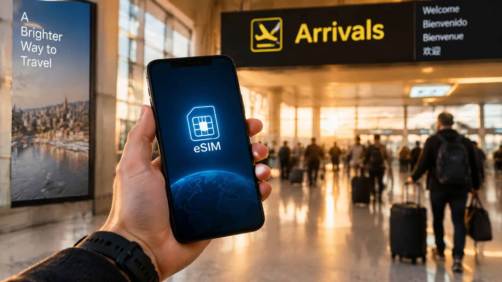 Person holding a smartphone displaying an eSIM icon at airport arrivals, with travelers and signage in the background.