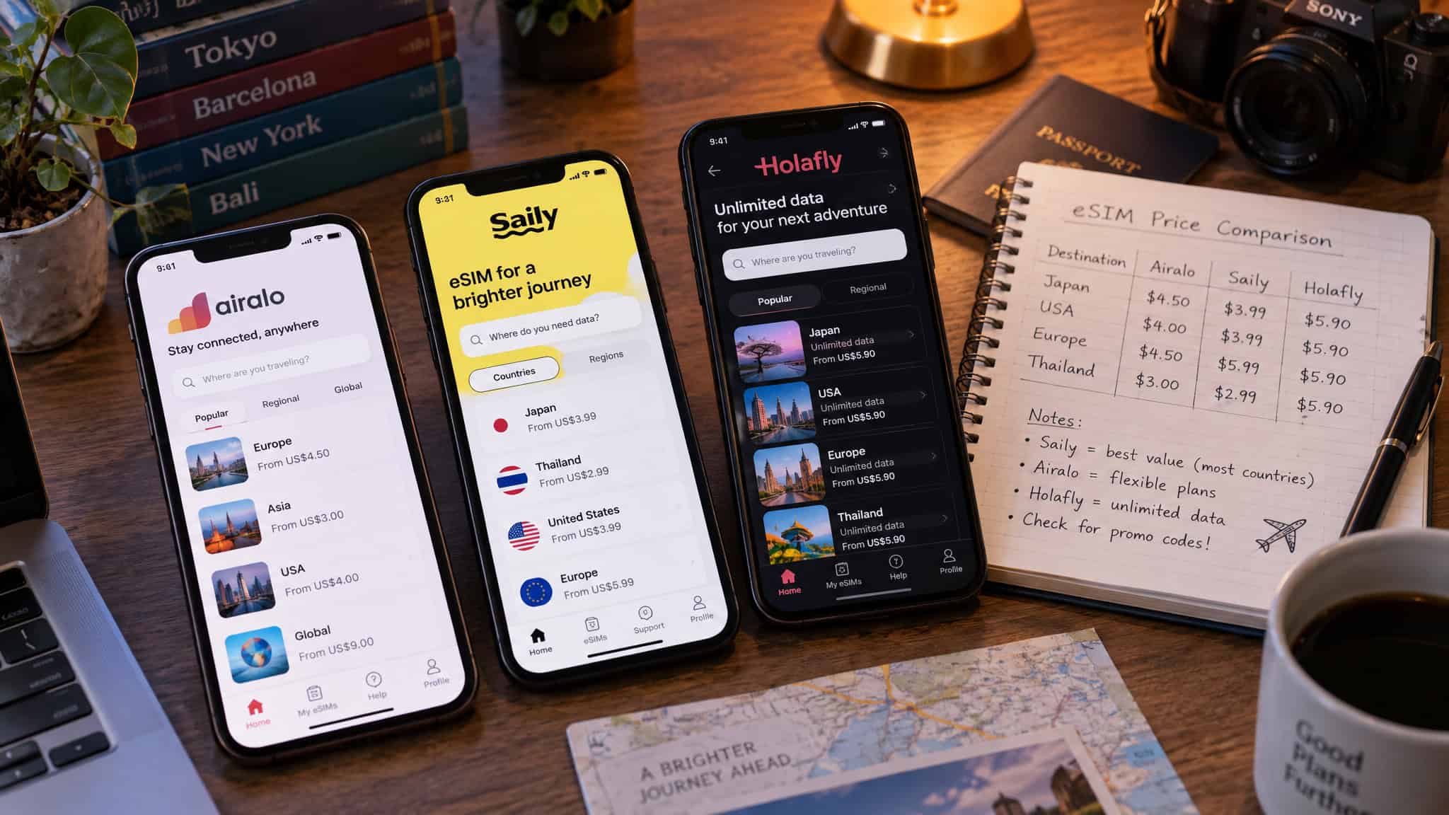 Reddit's Take on Travel eSIMs: Real Traveler Experiences From India 2 Side-by-side comparison of India eSIM providers Saily, Airalo, Jetpac and Holafly on phones