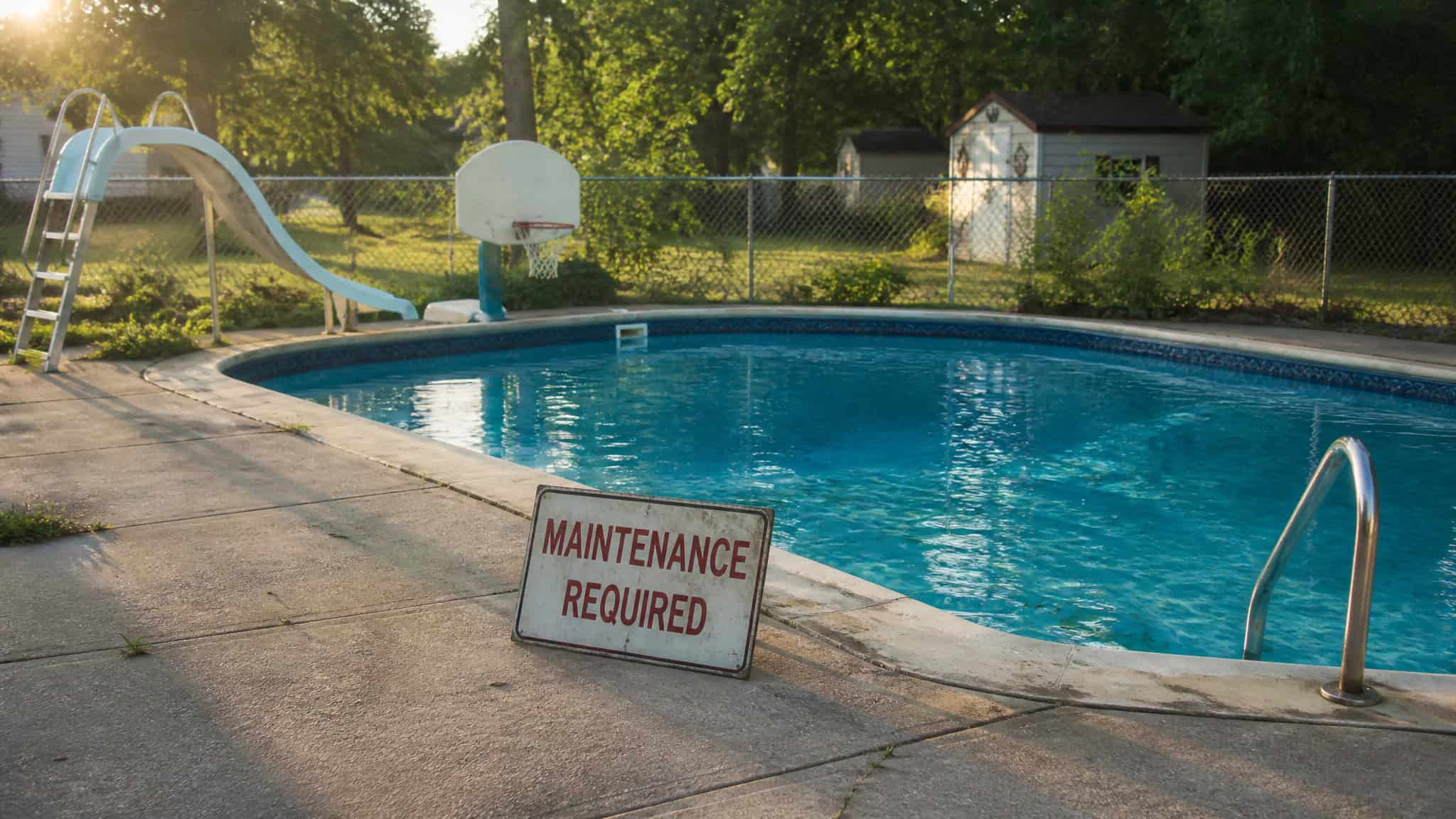 Worst ROI Home Improvements: 12 Renovations That Lose Money 3 In-ground pool with a fence and maintenance sign, representing the high upfront and annual costs that hurt resale.