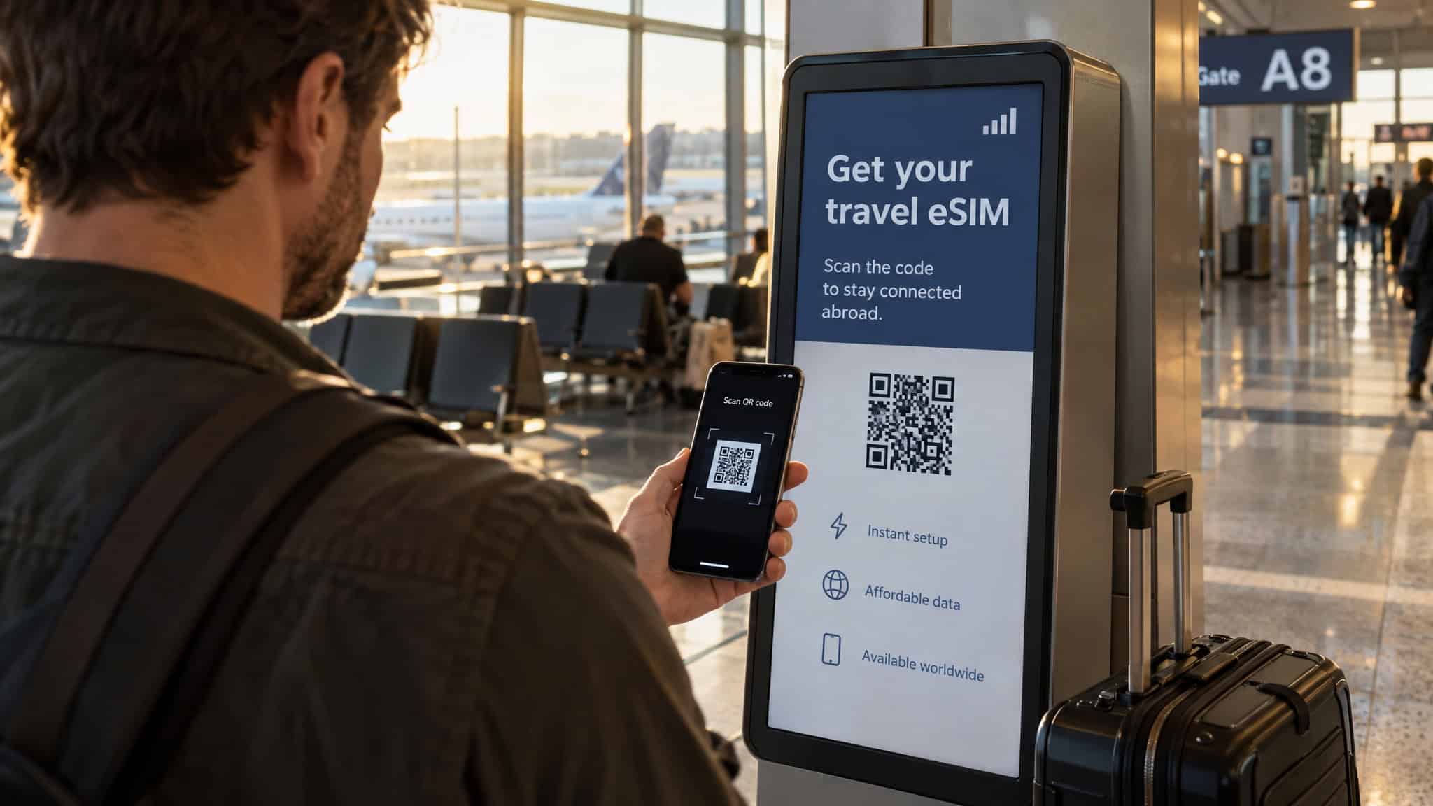 Best eSIM Providers for International Travel: Same-Plan Prices From $12.50 to $75 4 Traveler scanning a QR code to install and test a travel eSIM before flying
