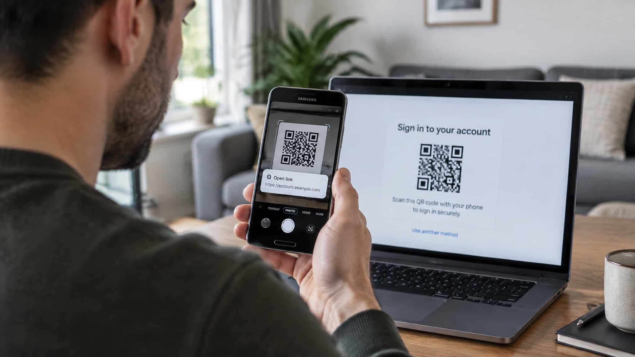 How to Use an eSIM for Travel on Android: Pixel & Galaxy Steps, Plus the Carrier-Lock Check Most Guides Skip 4 Man scanning QR code on smartphone for secure login on laptop, demonstrating digital security and authentication process.