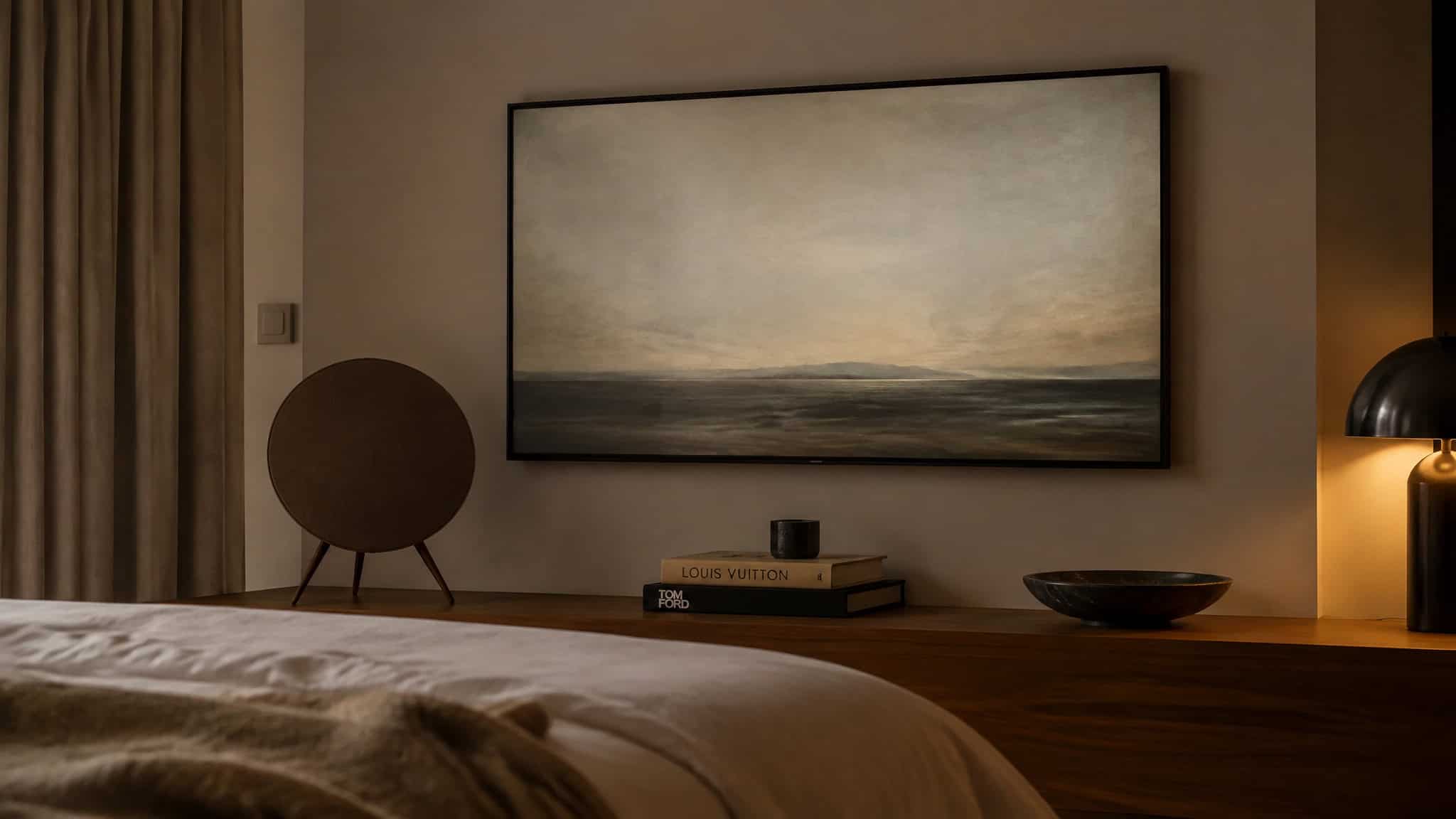 Masculine Bedroom Decor Ideas: 27 Looks Built on the 3-Hard-Plus-2-Soft Formula 4 Frame TV displaying artwork and designer speaker showing tech-as-decor in a masculine bedroom