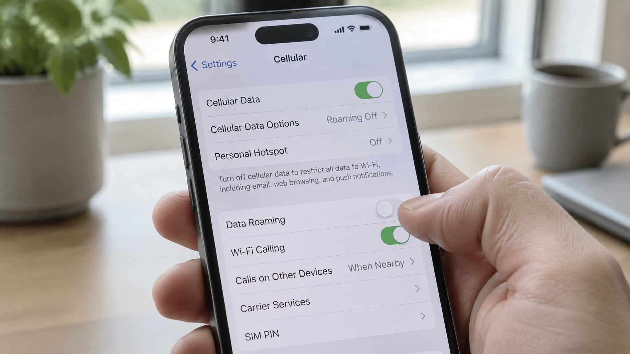 Should You Turn Off Your Primary Line When Using a Travel eSIM? No — Use These 3 Toggles 2 iPhone cellular settings showing the three-toggle travel eSIM setup with data roaming off