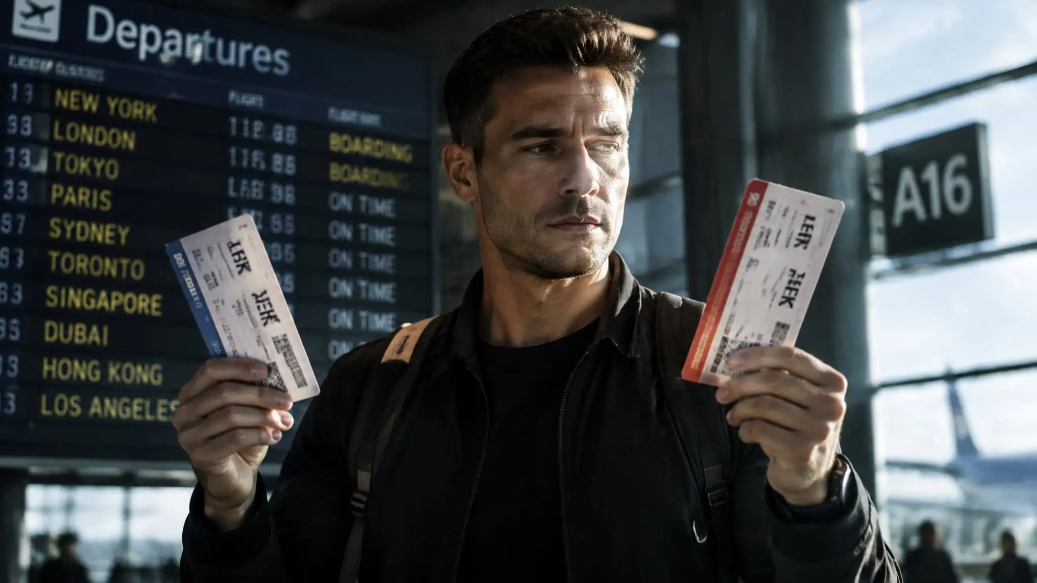 Traveler holding two separate boarding passes deciding between split tickets and one round-trip booking