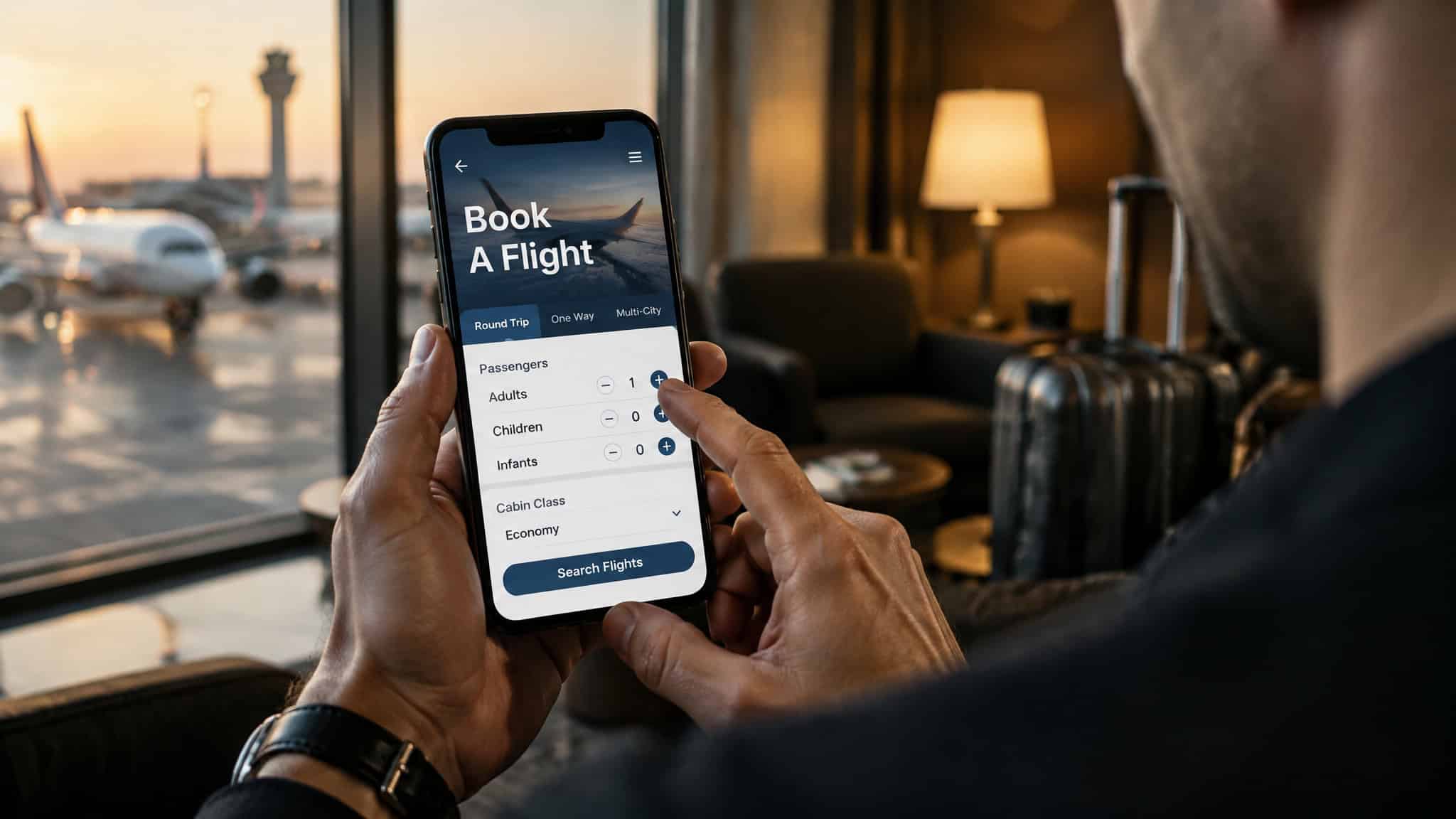 Man comparing per-person flight prices for group booking versus solo ticket search