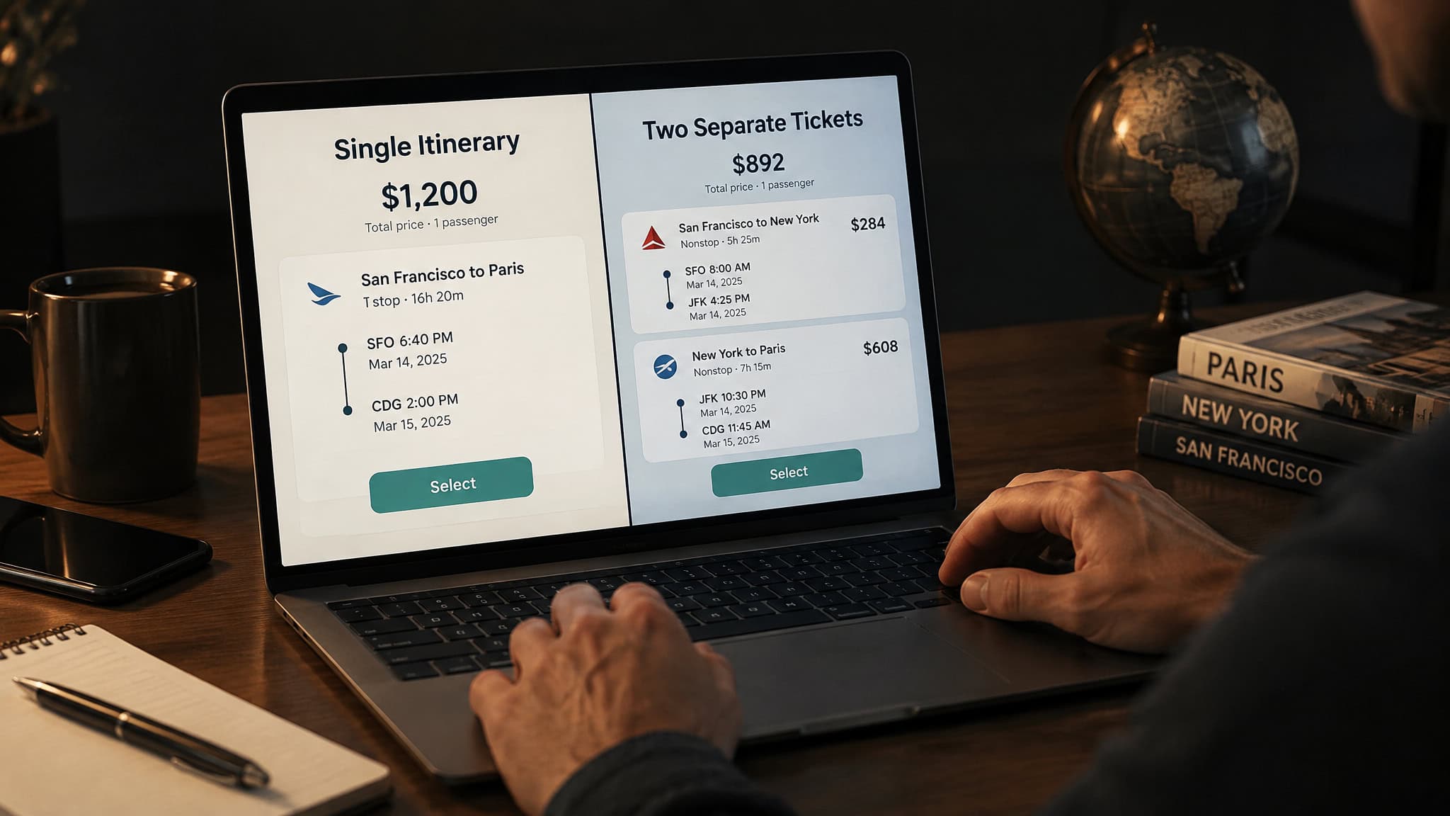 Comparing bundled versus separate flight bookings on a laptop before paying